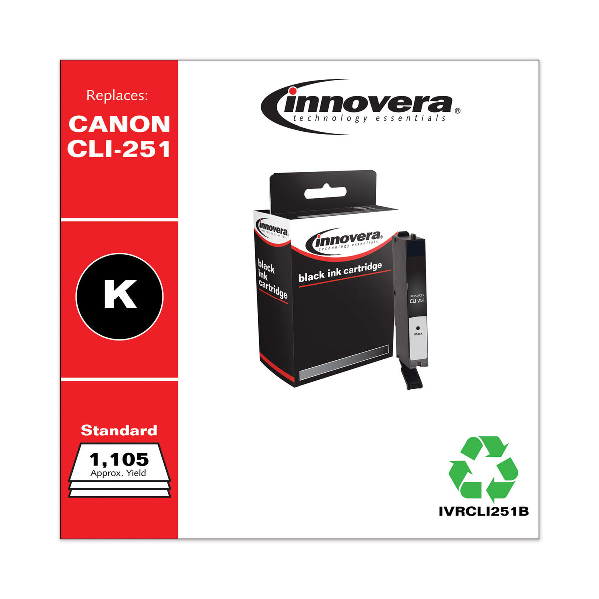 CLI251B Compatible Reman 6513B001 (CLI-251B) Ink, 1105 Page-Yield, Black, Sold as 1 Each