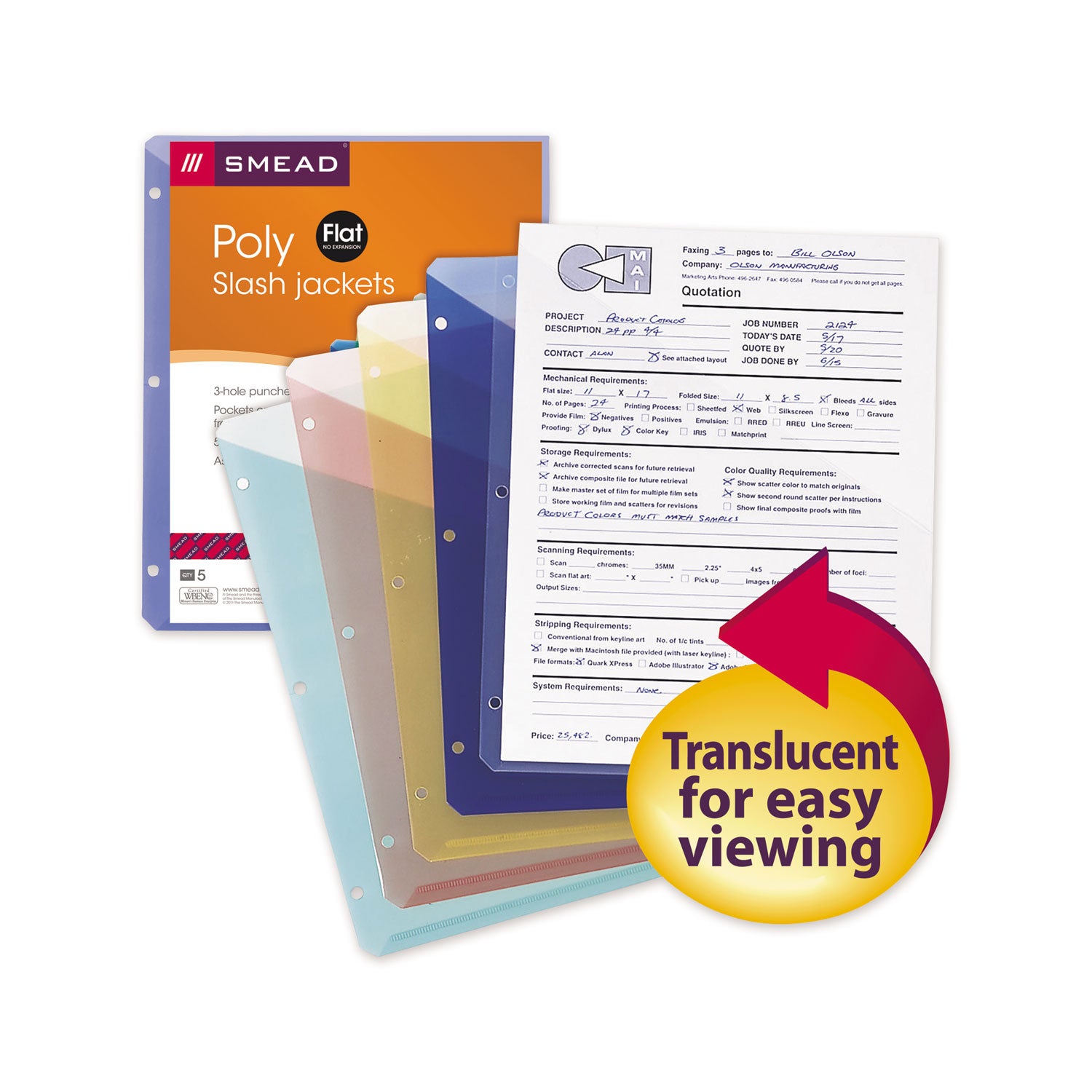 Organized Up Poly Slash Jackets, 2-Sections, Letter Size, Assorted Colors, 5/Pack - 