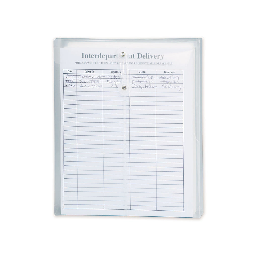 Poly String and Button Interoffice Envelopes, Open-End (Vertical), 9.75 x 11.63, Clear, 5/Pack