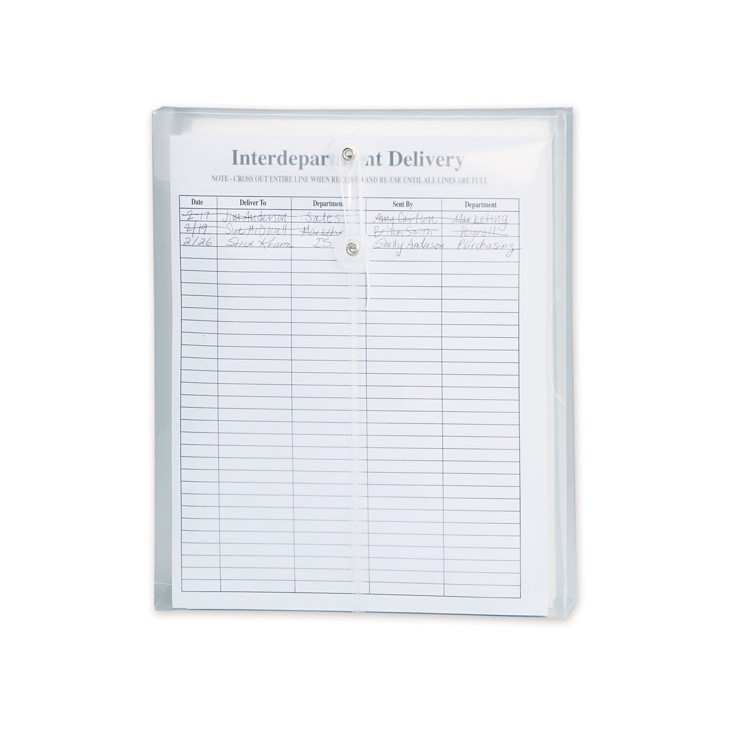 Poly String and Button Interoffice Envelopes, Open-End (Vertical), 9.75 x 11.63, Clear, 5/Pack