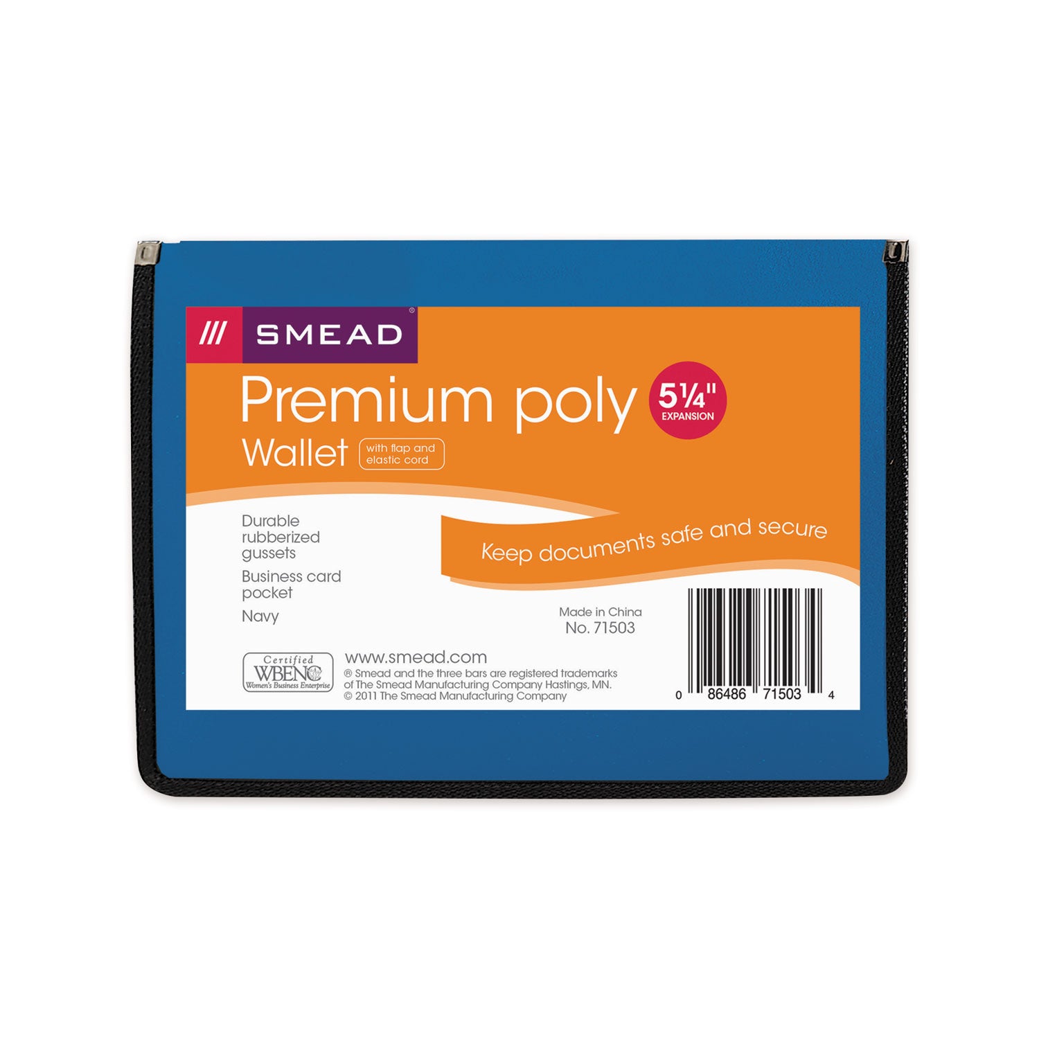 Poly Premium Wallets, 5.25" Expansion, 1 Section, Elastic Cord Closure, Letter Size, Navy Blue - 