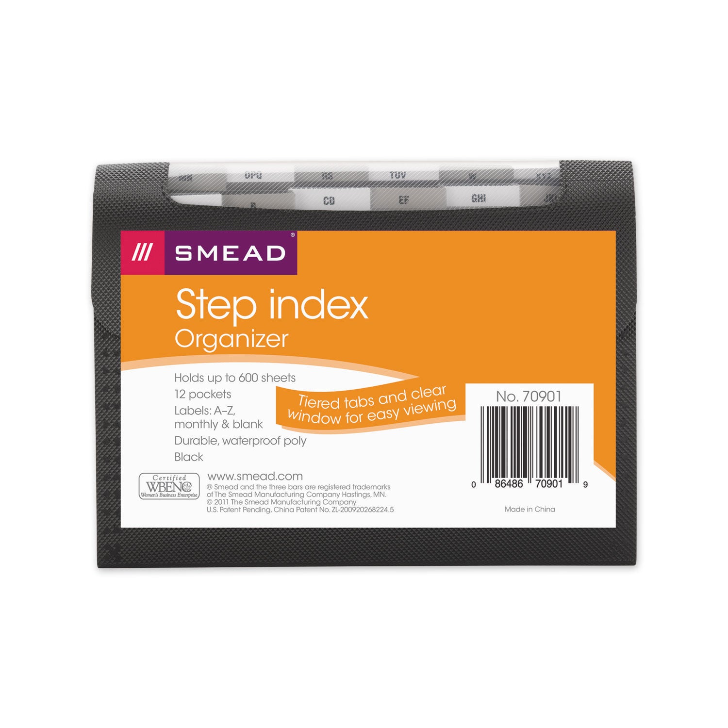 Step Index Organizer, 12 Sections, Cord/Hook Closure, 1/6-Cut Tabs, Letter Size, Black - 