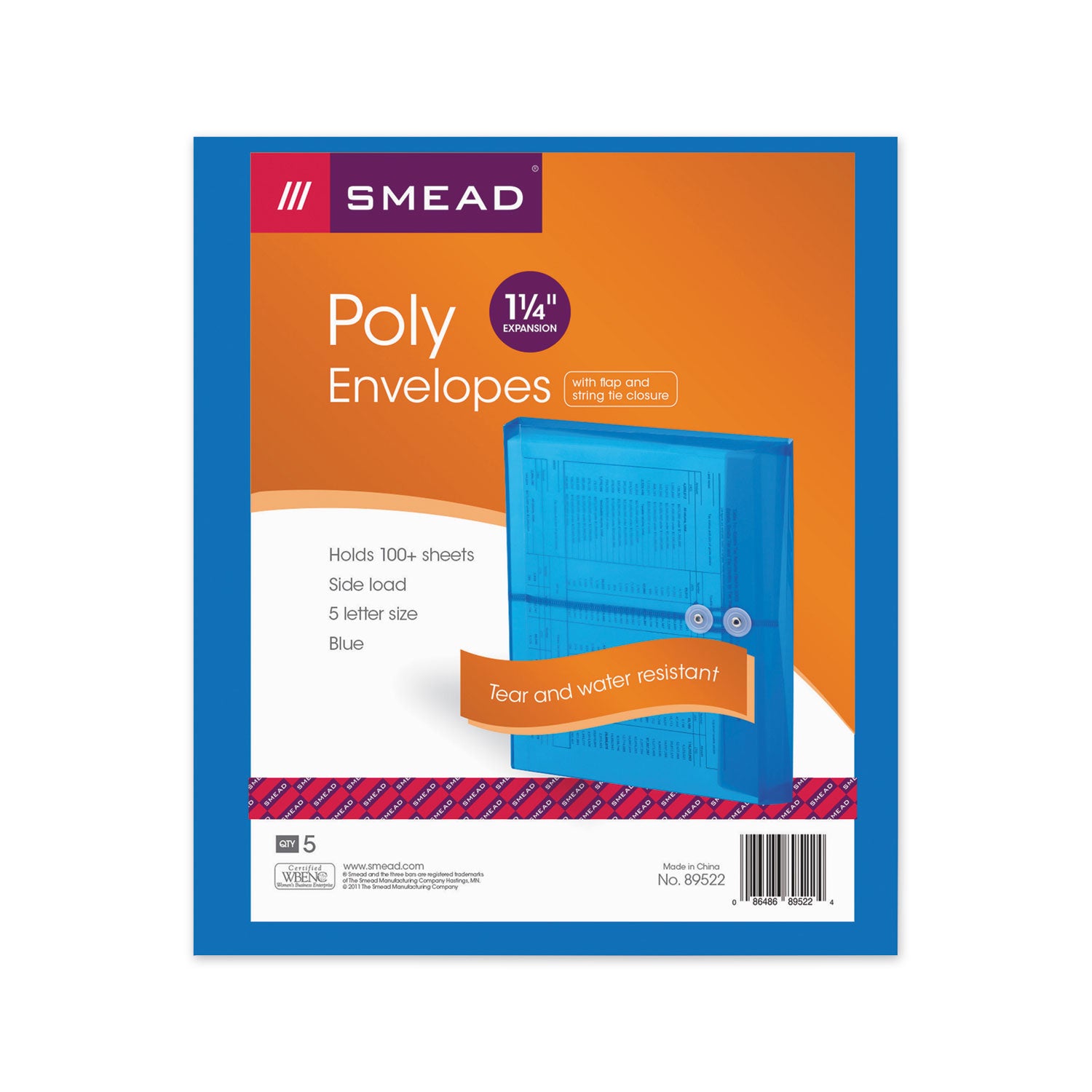 Poly String and Button Interoffice Envelopes, Open-Side (Horizontal), 9.75 x 11.63, Transparent Blue, 5/Pack - 