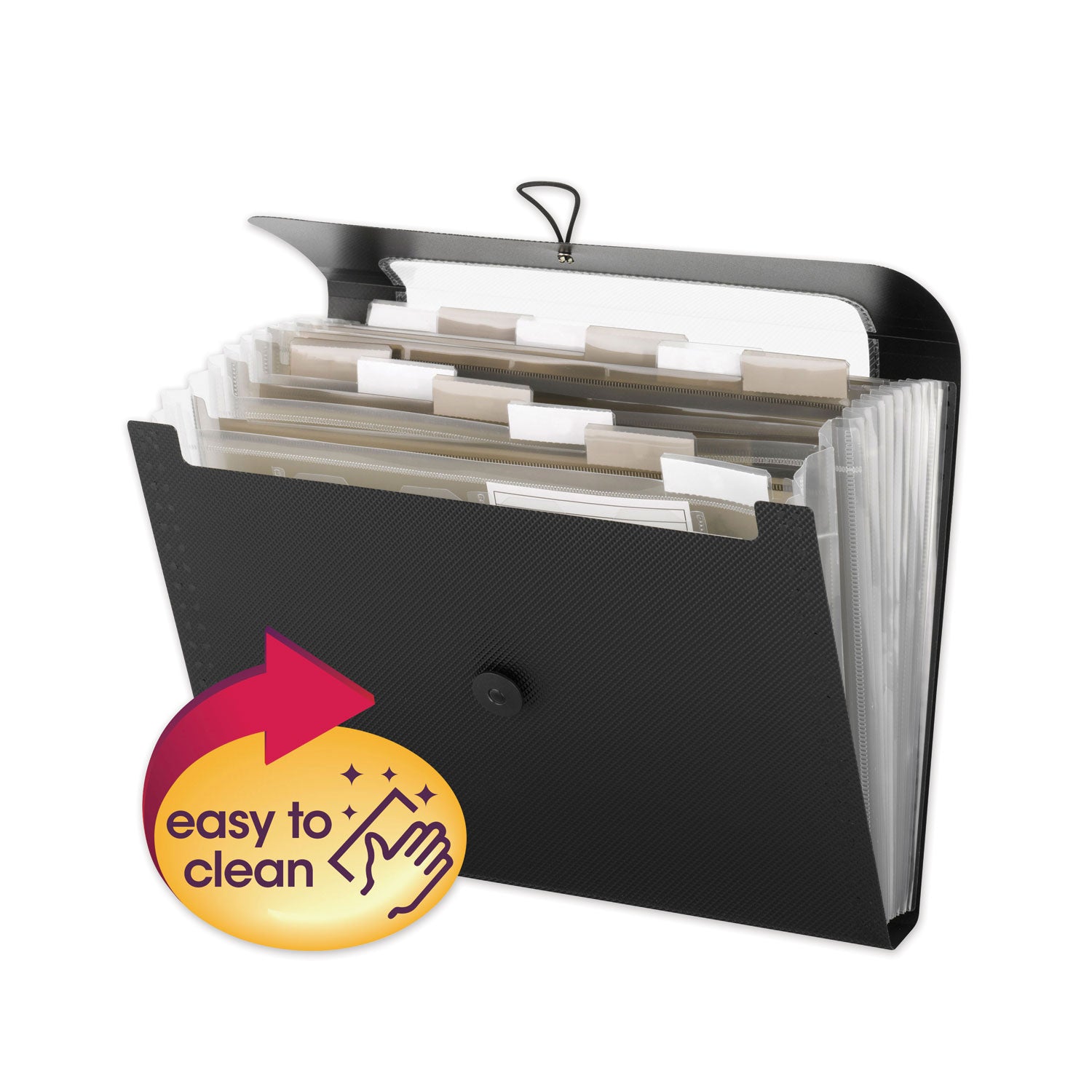 Step Index Organizer, 12 Sections, Cord/Hook Closure, 1/6-Cut Tabs, Letter Size, Black - 