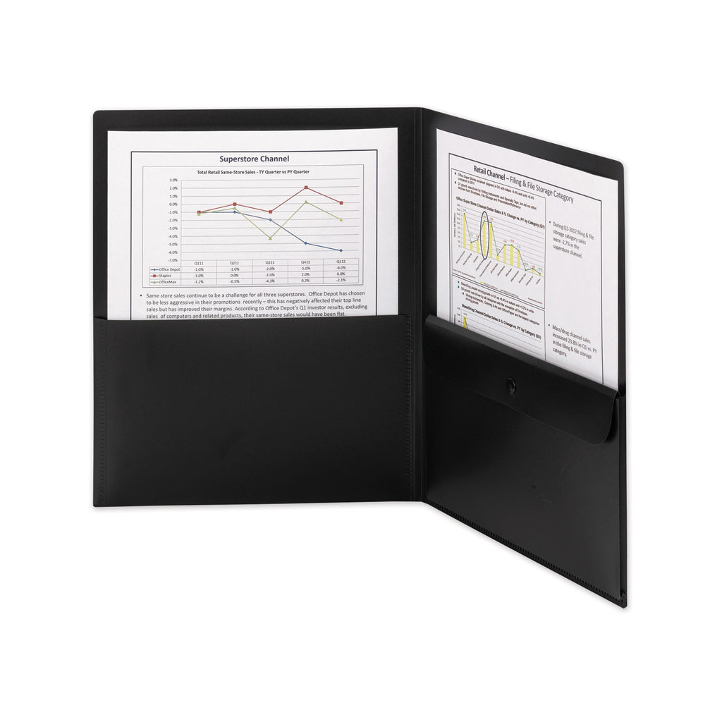 Poly Two-Pocket Folder with Snap Closure Security Pocket, 100-Sheet Capacity, 11 x 8.5, Black, 5/Pack - 