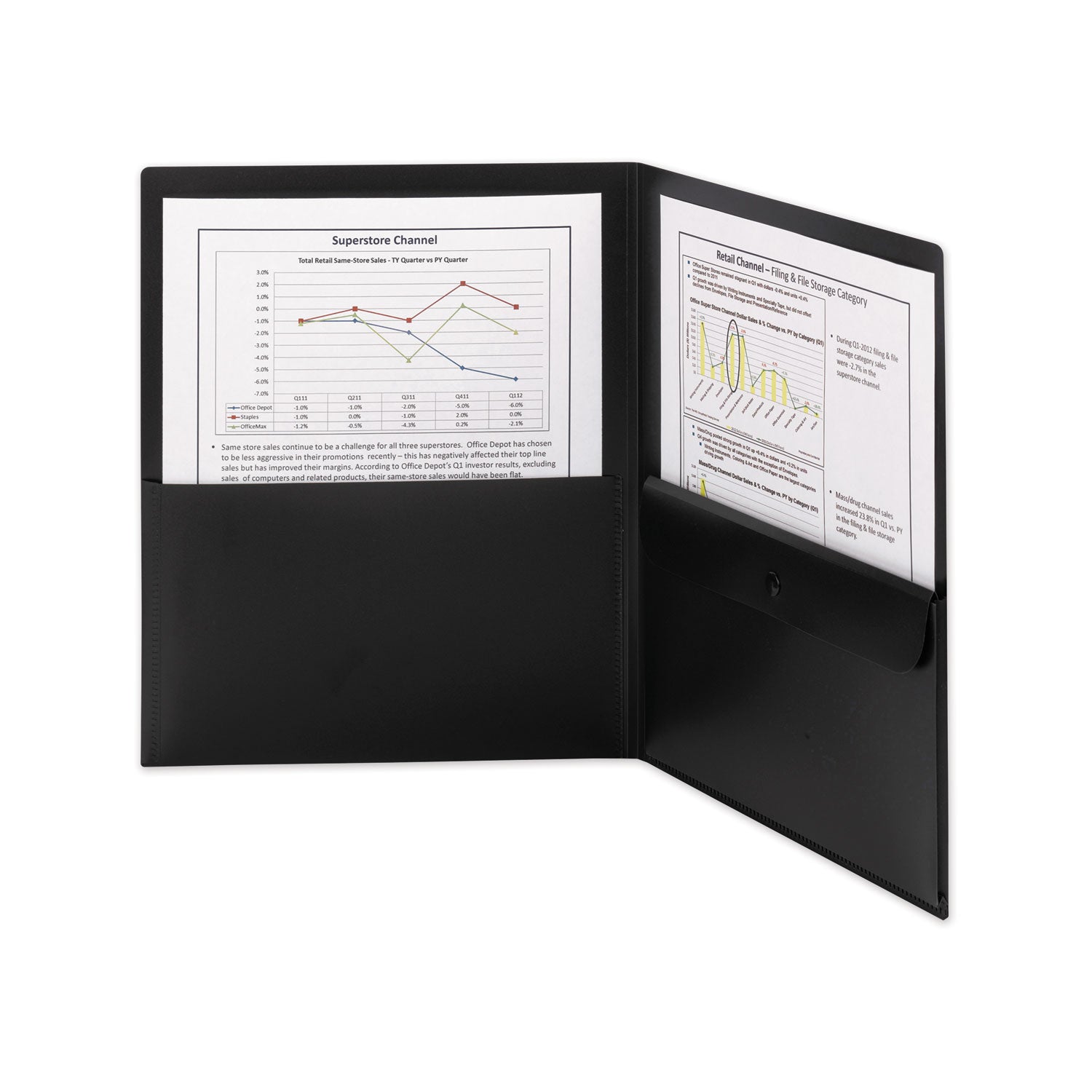 Poly Two-Pocket Folder with Snap Closure Security Pocket, 100-Sheet Capacity, 11 x 8.5, Black, 5/Pack - 