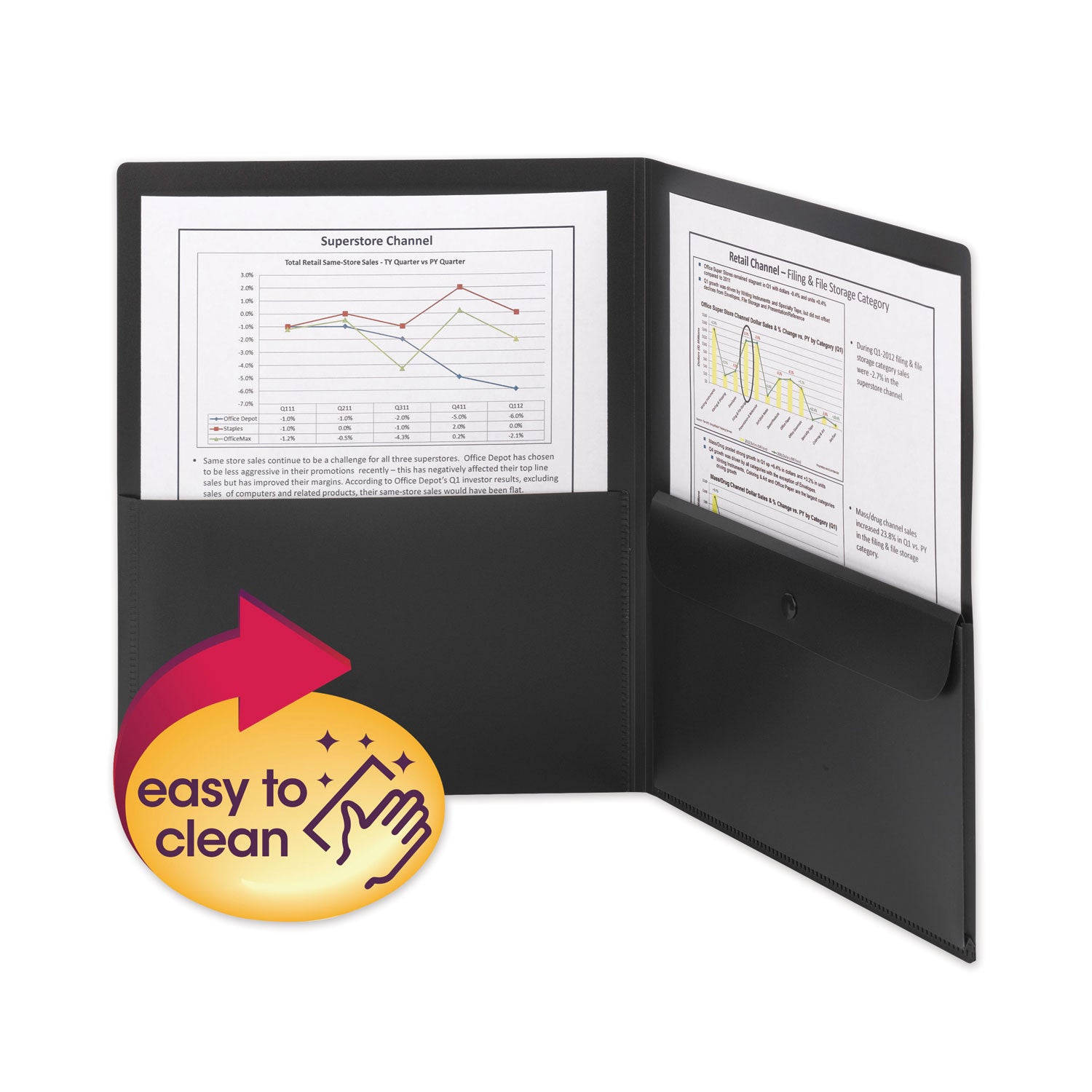 Poly Two-Pocket Folder with Snap Closure Security Pocket, 100-Sheet Capacity, 11 x 8.5, Black, 5/Pack - 