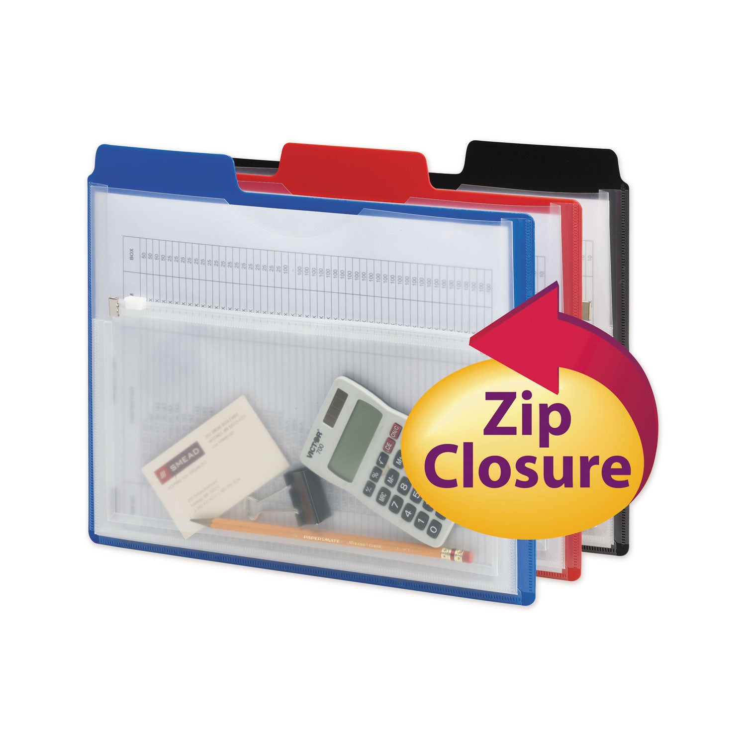 poly-project-organizer-with-zip-pouch-2-sections-1-3-cut-tab-letter-size-assorted-colors-3-pack_smd89614 - 2