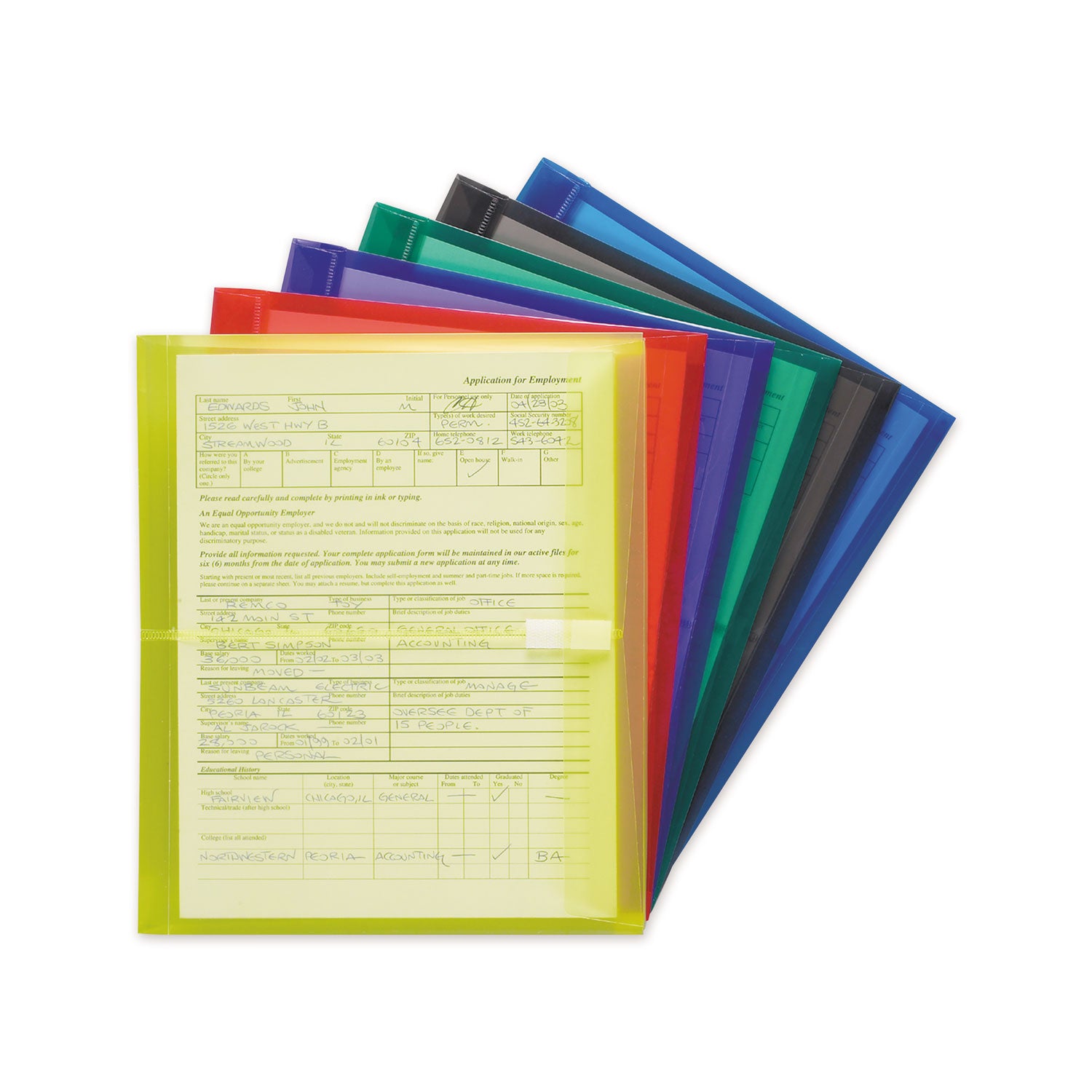 Poly Side-Load Envelopes, Fold-Over Closure, 9.75 x 11.63, Assorted Colors, 6/Pack - 