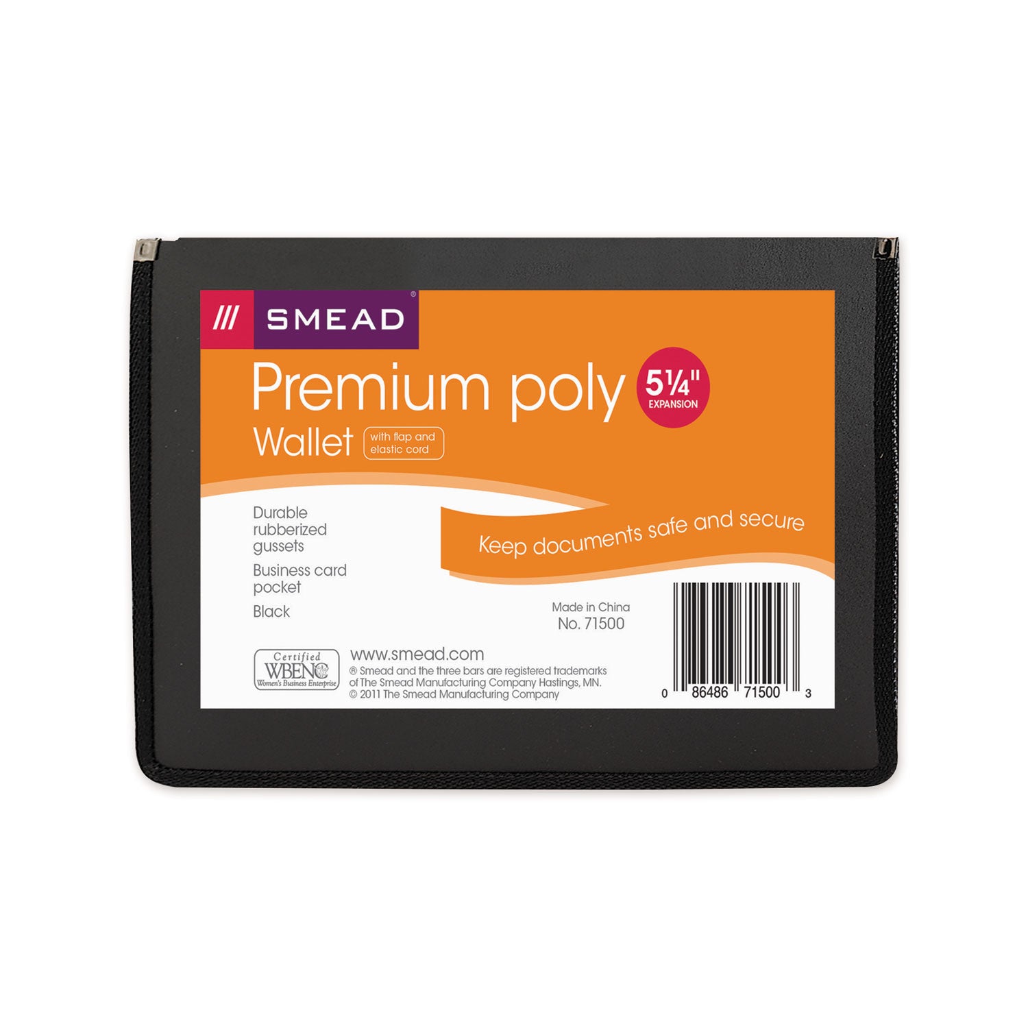 Poly Premium Wallets, 5.25" Expansion, 1 Section, Elastic Cord Closure, Letter Size, Black - 