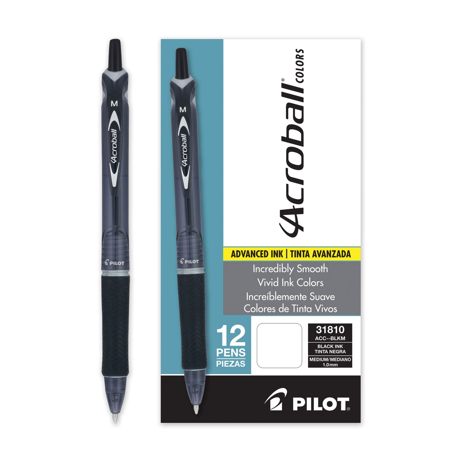 Acroball Colors Advanced Ink Hybrid Gel Pen, Retractable, Medium 1 mm, Black Ink, Smoke/Black Barrel, Dozen - 