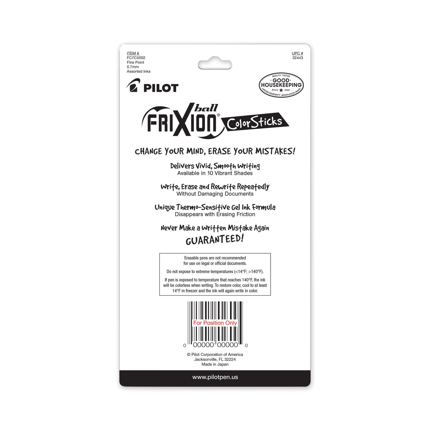 FriXion ColorSticks Erasable Gel Pen, Stick, Fine 0.7 mm, Assorted Ink and Barrel Colors, 5/Pack
