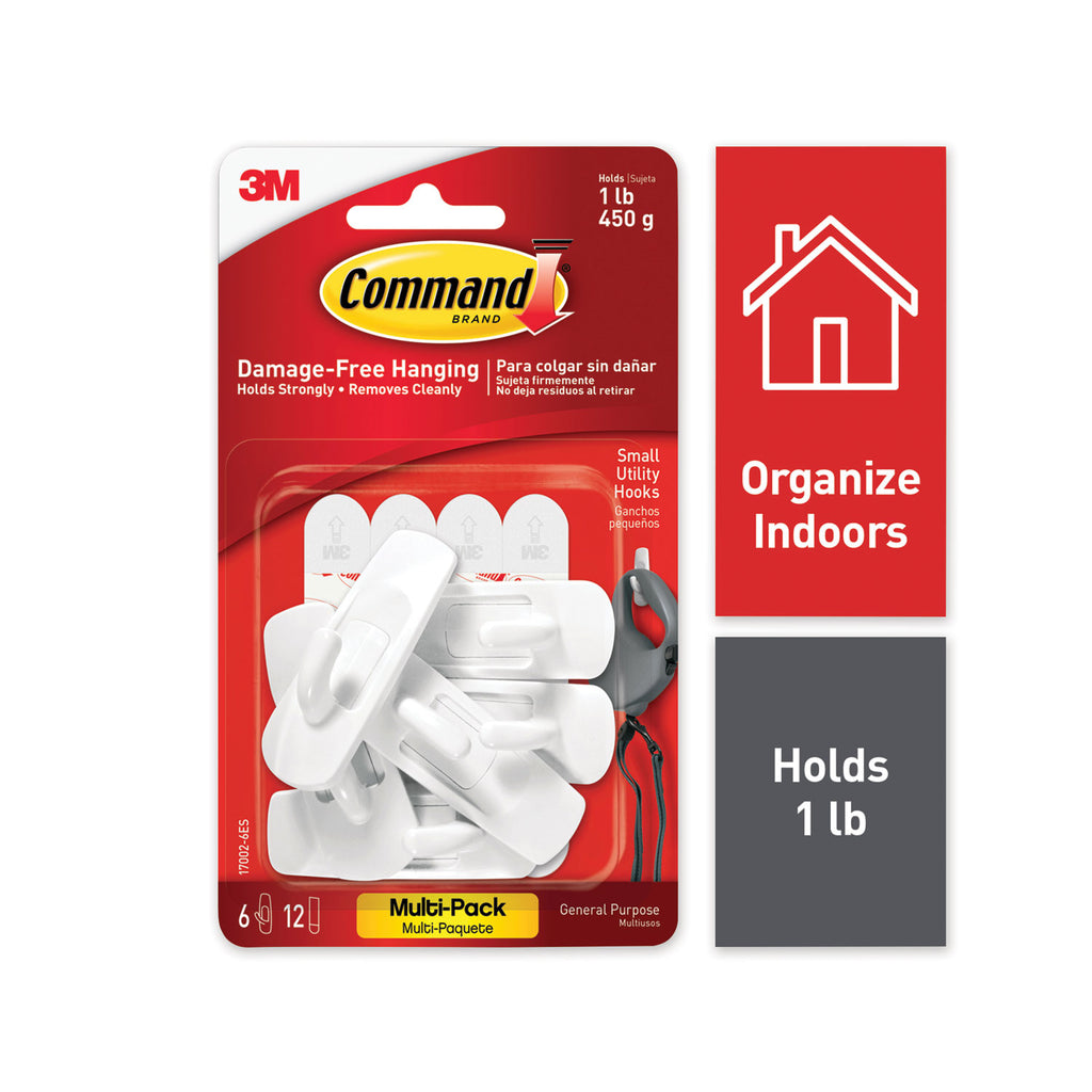General Purpose Hooks, Small, Plastic, White, 1 lb Capacity, 6 Hooks and 12 Strips/Pack