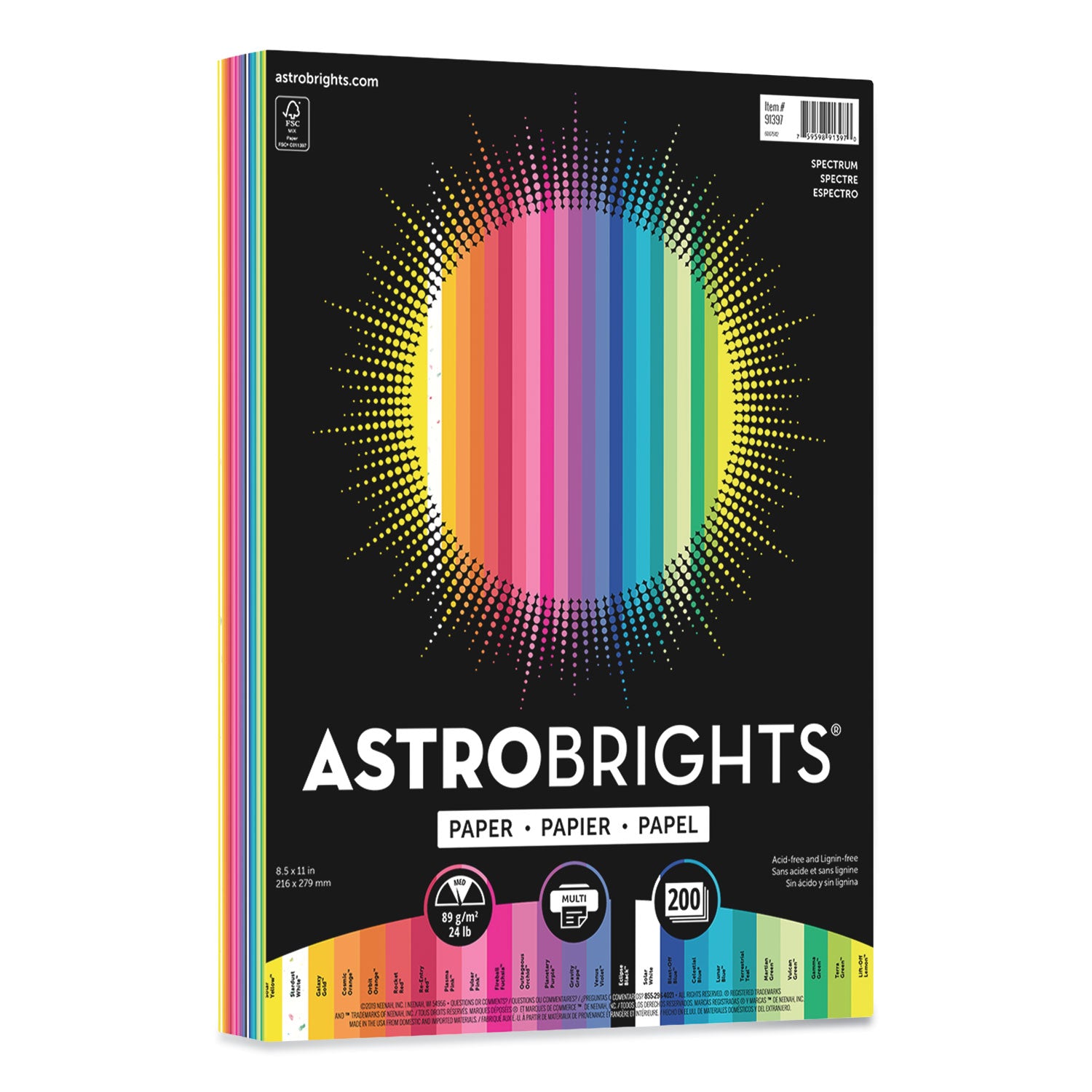 Color Paper - "Spectrum" Assortment, 24 lb Bond Weight, 8.5 x 11, 25 Assorted Spectrum Colors, 200/Pack