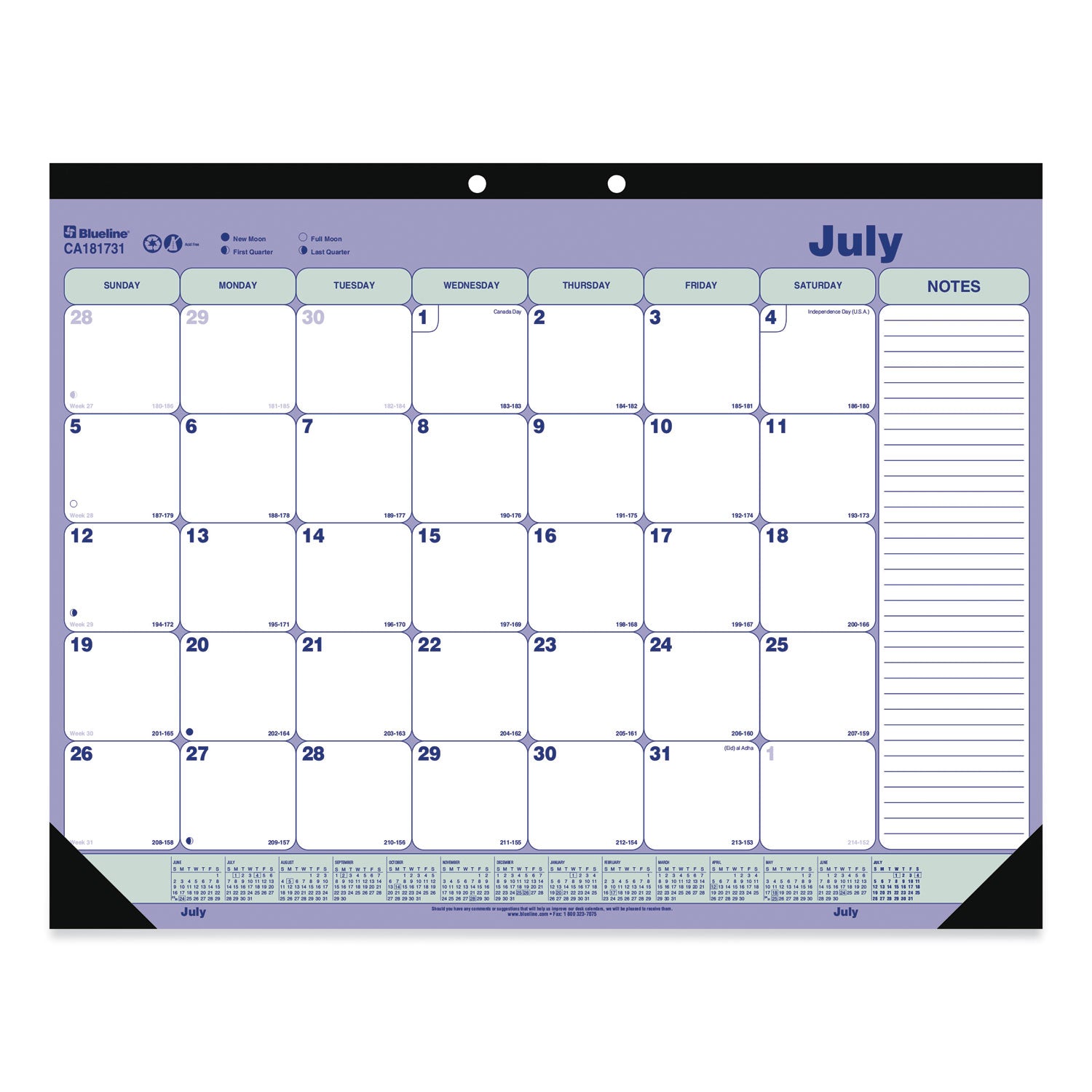 Academic Monthly Desk Pad Calendar, 21.25 x 16, White/Blue/Green, Black Binding/Corners, 13-Month (July-July): 2023 to 2024 - 