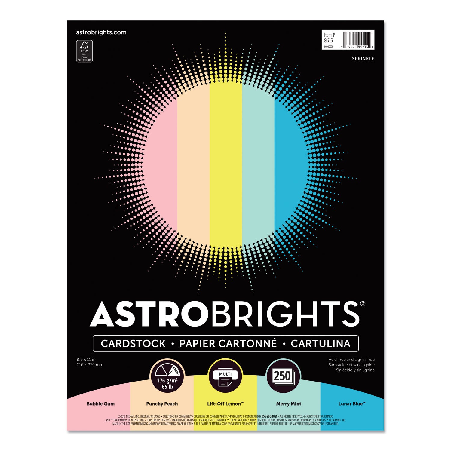 Color Cardstock, 65 lb Cover Weight, 8.5 x 11, Assorted Colors, 250/Pack