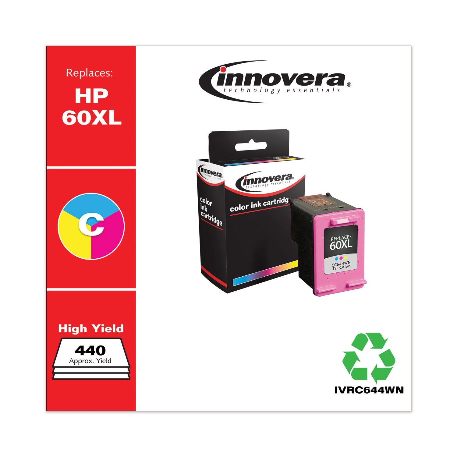Remanufactured Tri-Color High-Yield Ink, Replacement for 60XL (CC644WN), 440 Page-Yield - 