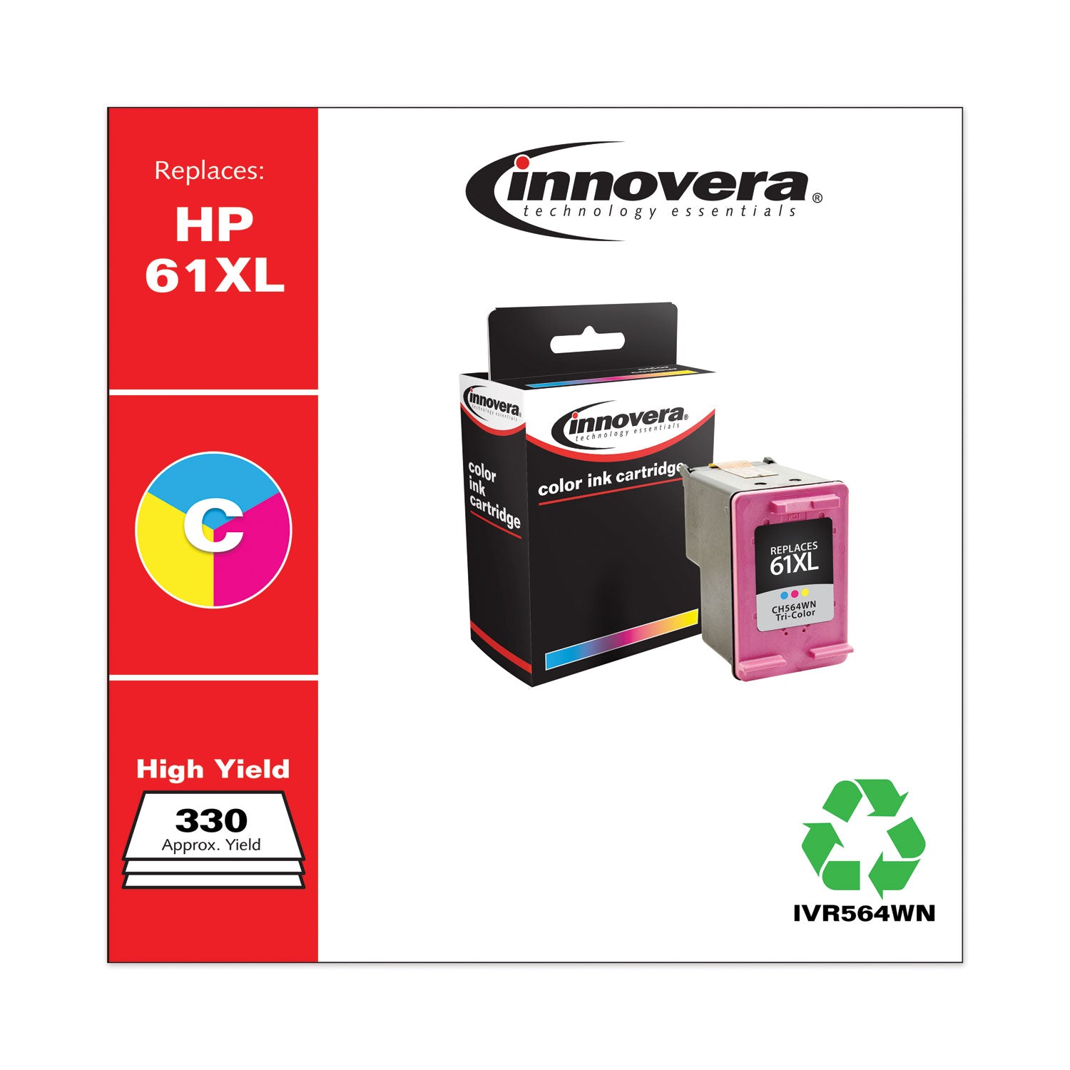 Remanufactured Tri-Color High-Yield Ink, Replacement for 61XL (CH564WN), 330 Page-Yield - 