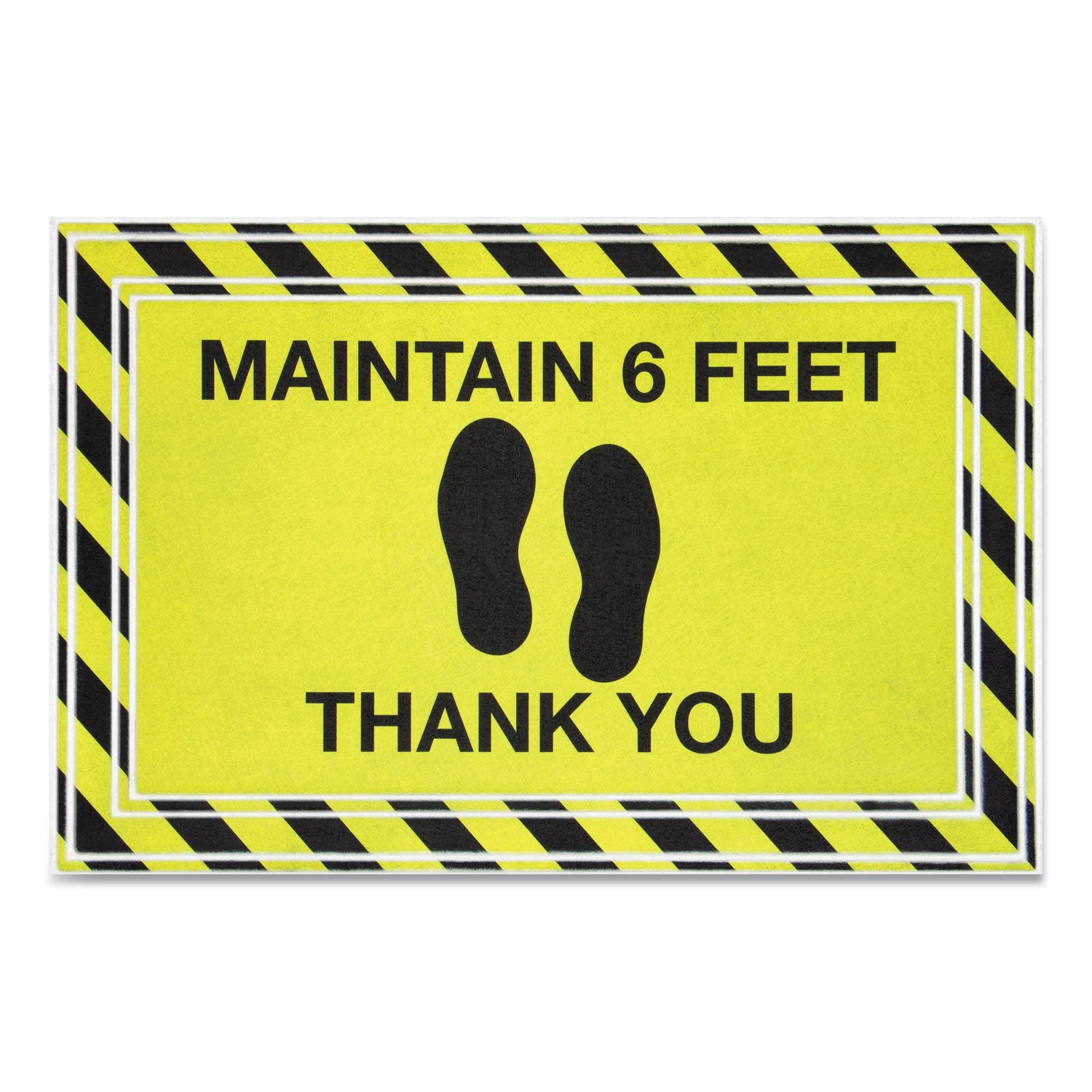 Message Floor Mats, 24 x 36, Black/Yellow, "Maintain 6 Feet Thank You