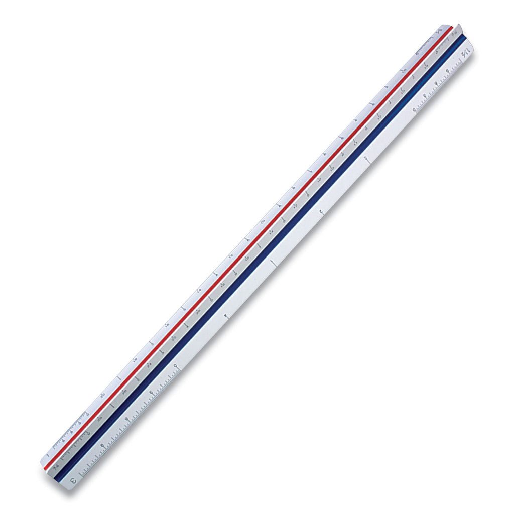Triangular Scale Plastic Engineers Ruler, 12" Long, White with Colored Grooves - 