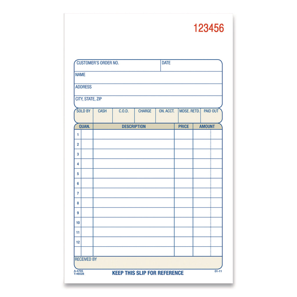 3-Part Sales Book, 12 Lines, Three-Part Carbonless, 4.19 x 7.19, 50 Forms/Pad, 10 Pads/Carton
