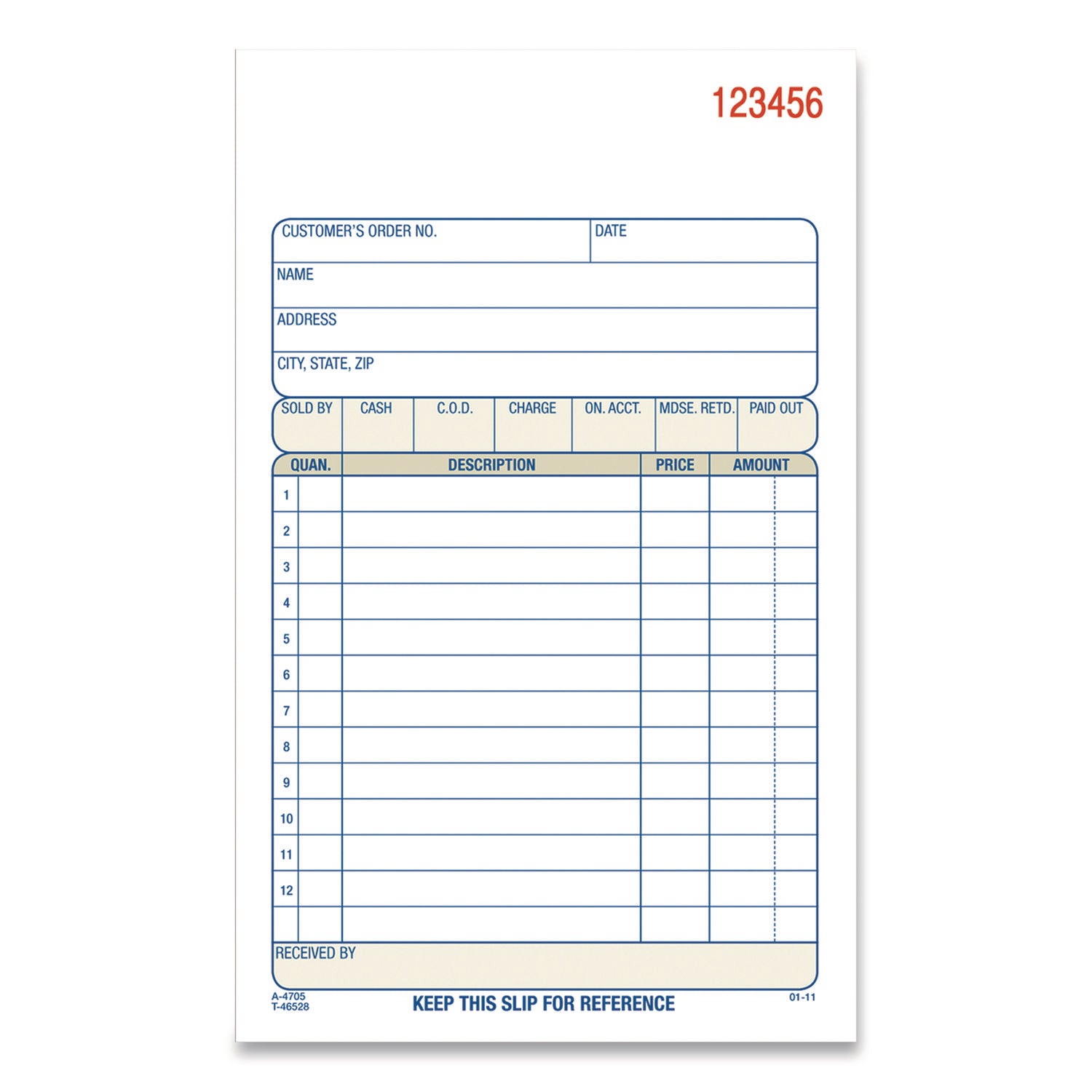 3-Part Sales Book, 12 Lines, Three-Part Carbonless, 4.19 x 7.19, 50 Forms/Pad, 10 Pads/Carton