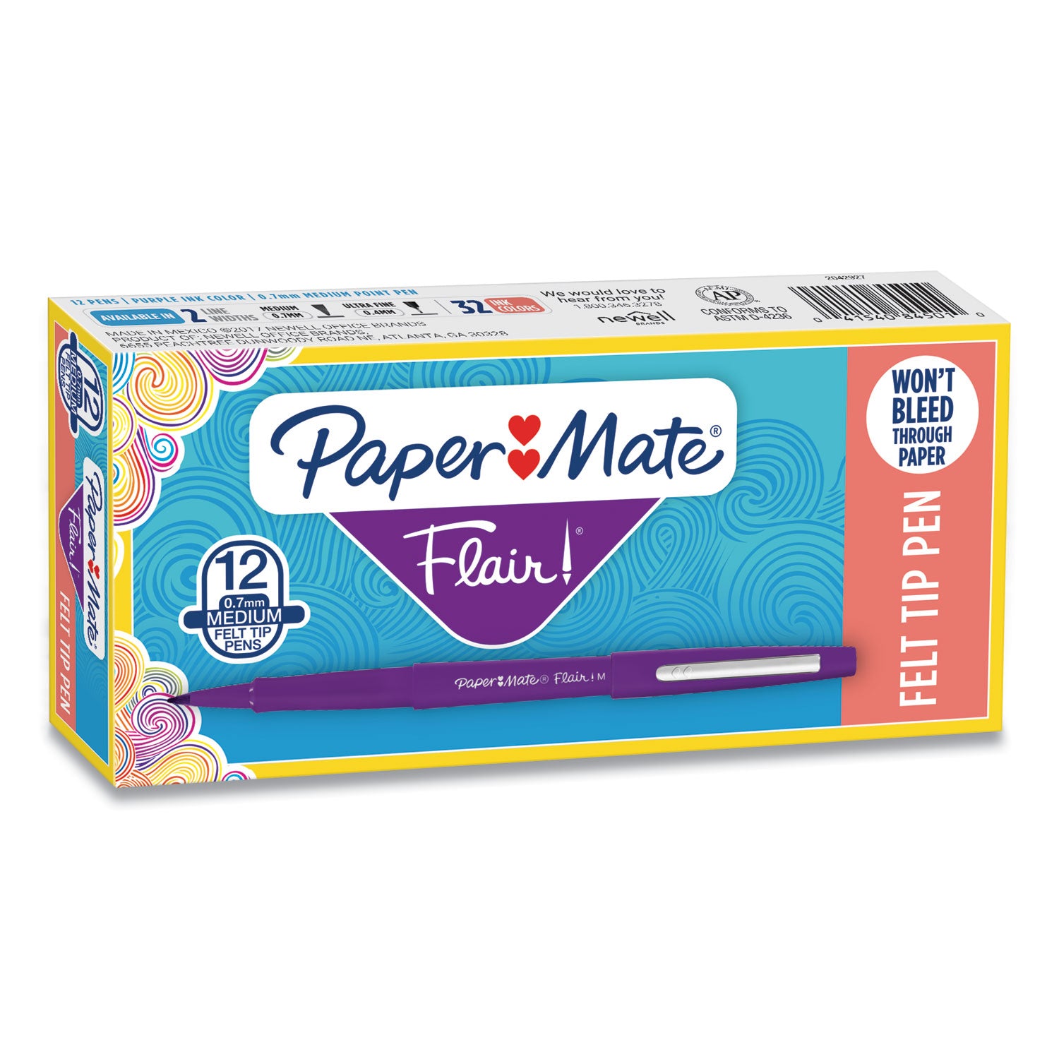 Point Guard Flair Felt Tip Porous Point Pen, Stick, Medium 0.7 mm, Purple Ink, Purple Barrel, Dozen - 