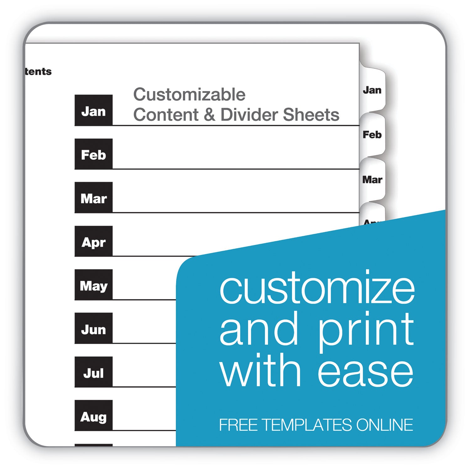 OneStep Printable Table of Contents and Dividers, 12-Tab, Jan. to Dec., 11 x 8.5, White, White Tabs, 1 Set - 