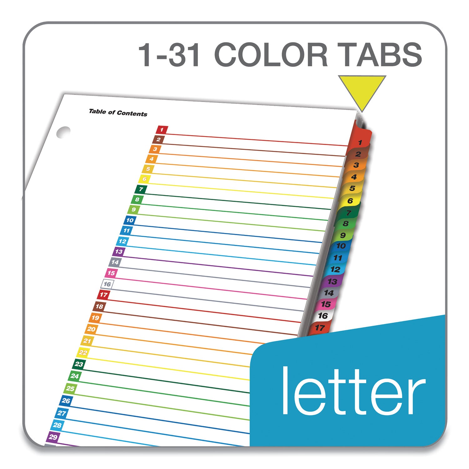 OneStep Printable Table of Contents and Dividers, 31-Tab, 1 to 31, 11 x 8.5, White, Assorted Tabs, 1 Set - 