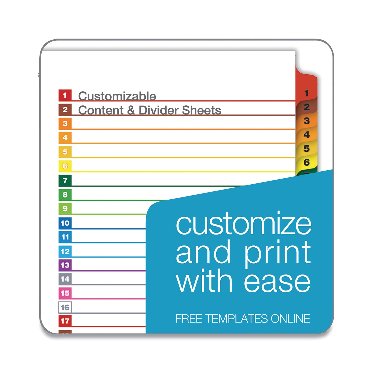OneStep Printable Table of Contents and Dividers, 31-Tab, 1 to 31, 11 x 8.5, White, Assorted Tabs, 1 Set - 