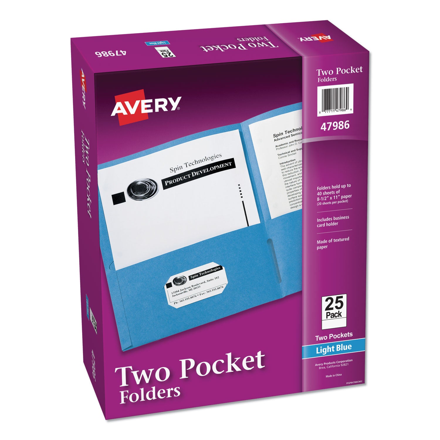 Two-Pocket Folder, 40-Sheet Capacity, 11 x 8.5, Light Blue, 25/Box - 