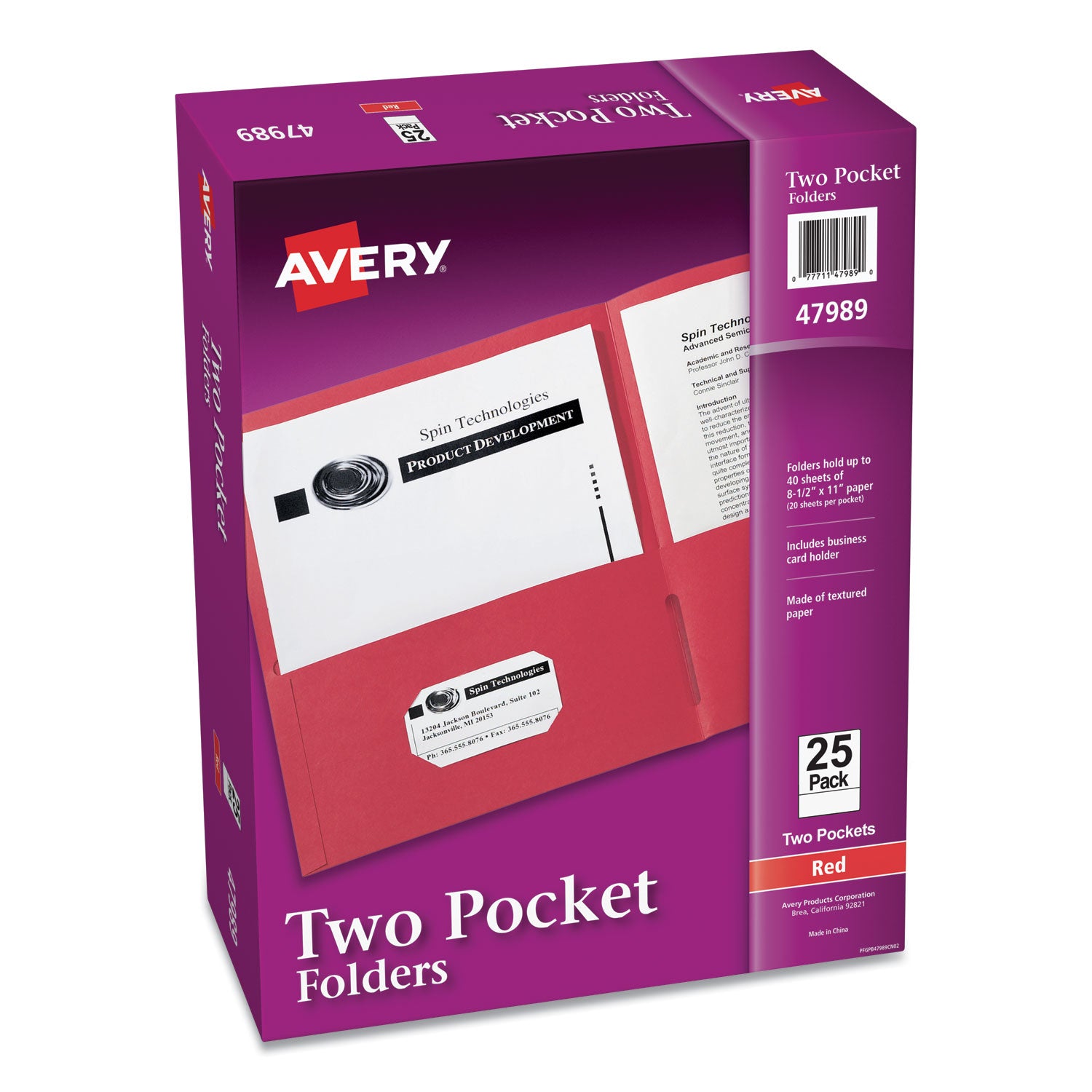 Two-Pocket Folder, 40-Sheet Capacity, 11 x 8.5, Red, 25/Box - 