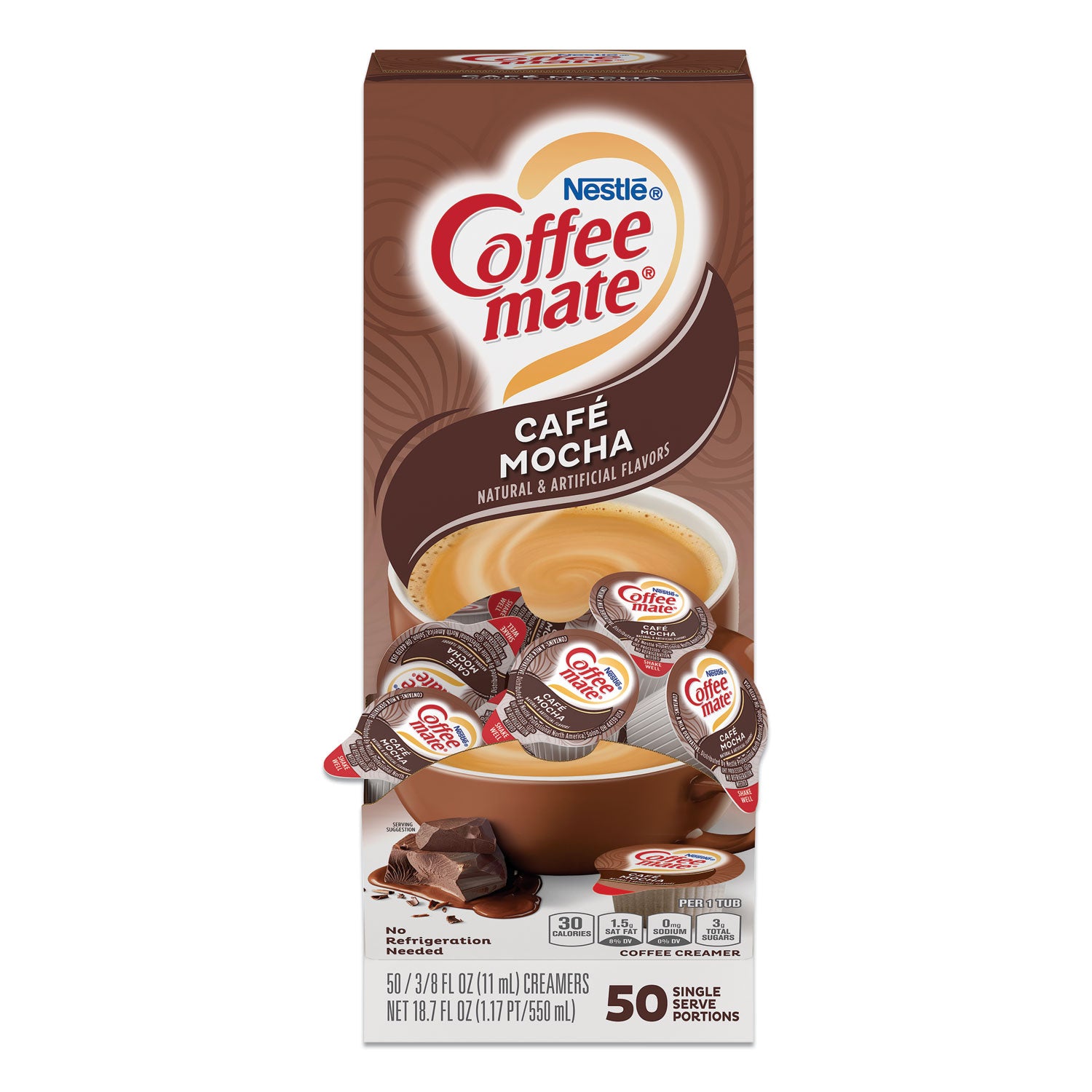 Liquid Coffee Creamer, Cafe Mocha, 0.38 oz Mini Cups, 50/Box - 