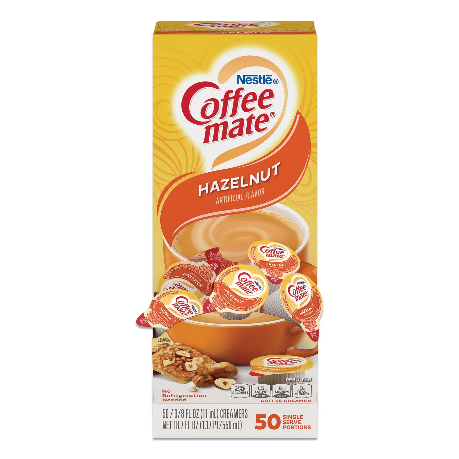 Liquid Coffee Creamer, Hazelnut, 0.38 oz Mini Cups, 50/Box, 4 Boxes/Carton, 200 Total/Carton - 