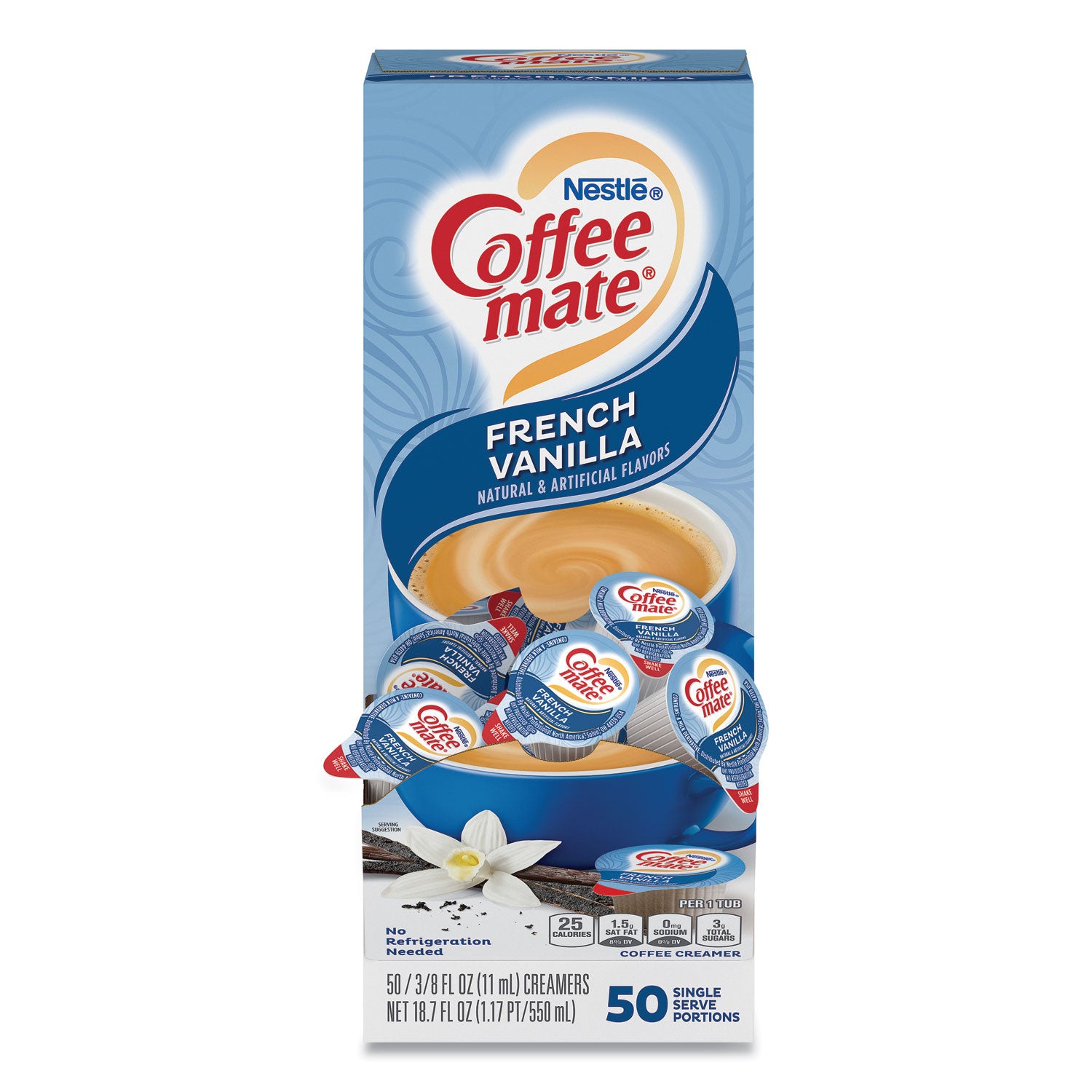 Liquid Coffee Creamer, French Vanilla, 0.38 oz Mini Cups, 50/Box - 