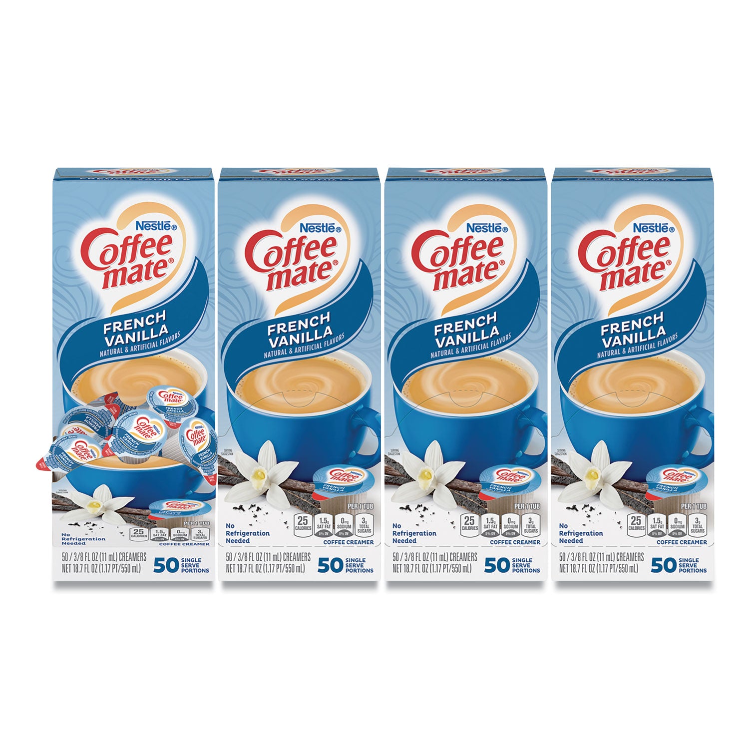 Liquid Coffee Creamer, French Vanilla, 0.38 oz Mini Cups, 50/Box, 4 Boxes/Carton, 200 Total/Carton - 