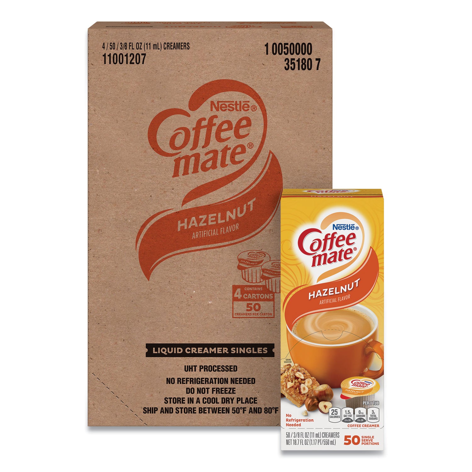 Liquid Coffee Creamer, Hazelnut, 0.38 oz Mini Cups, 50/Box, 4 Boxes/Carton, 200 Total/Carton - 