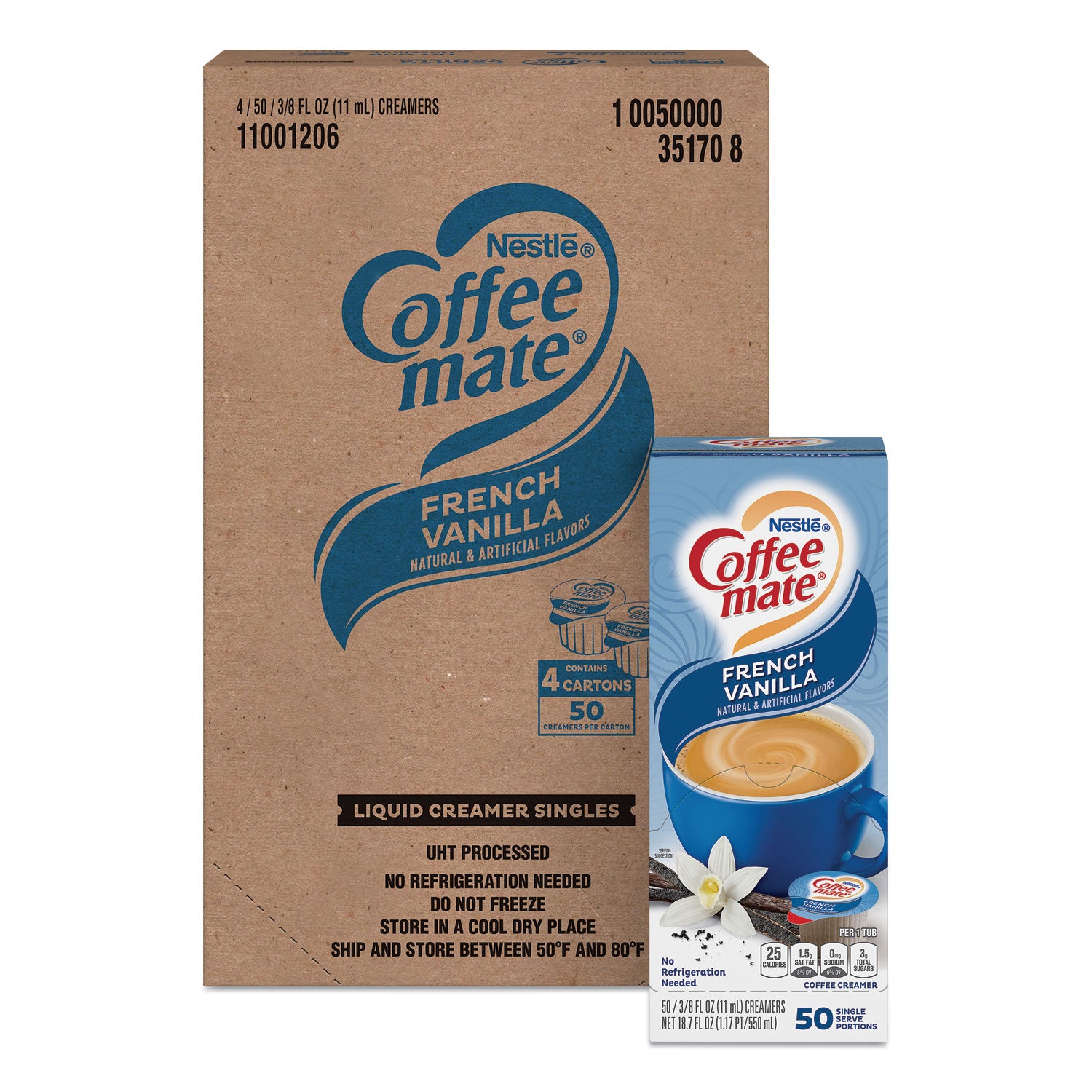 Liquid Coffee Creamer, French Vanilla, 0.38 oz Mini Cups, 50/Box, 4 Boxes/Carton, 200 Total/Carton - 