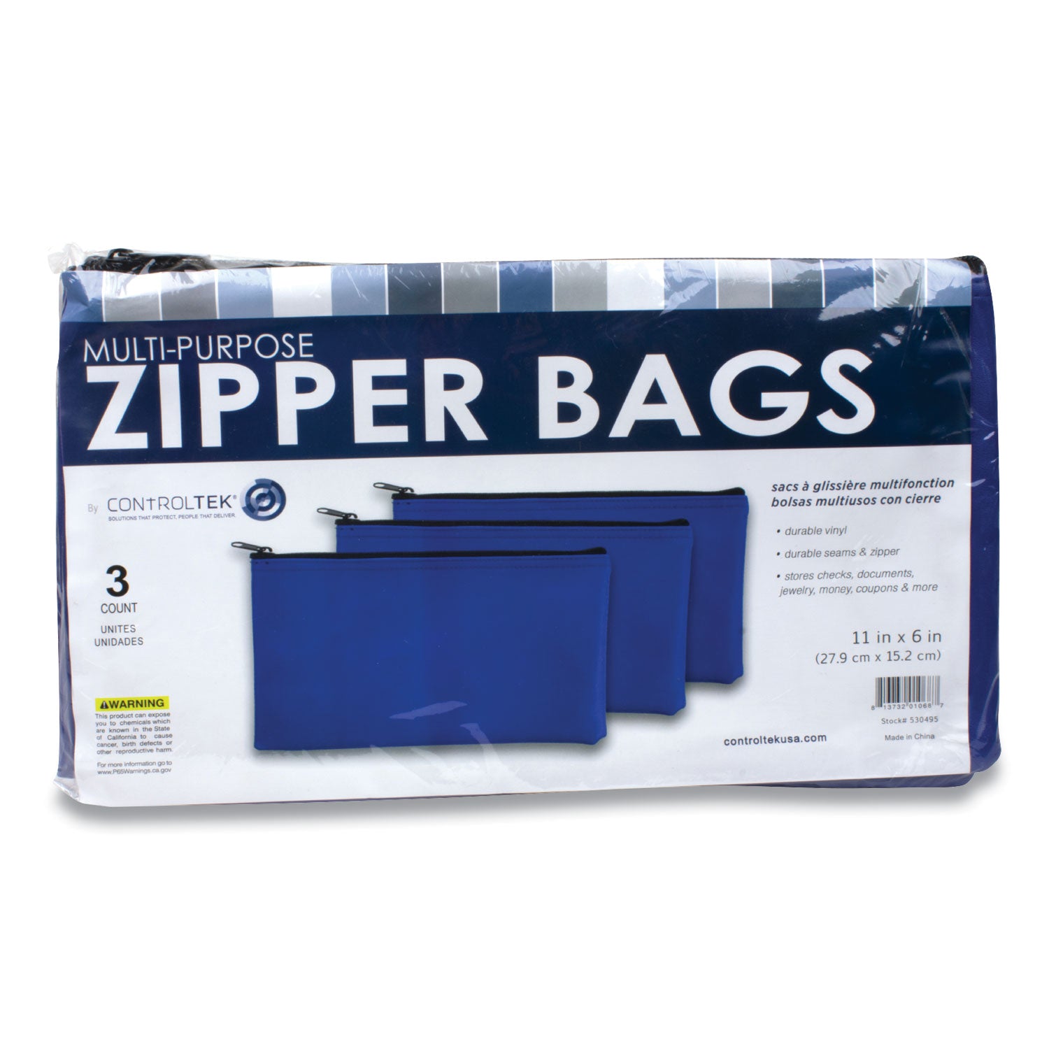 Fabric Deposit Bag, Vinyl, 5.5 x 11, Blue, 3/Pack