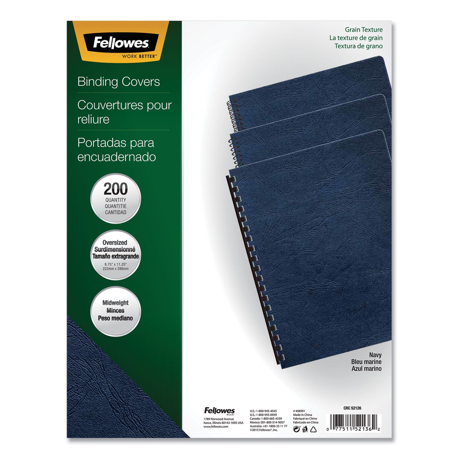 Expressions Classic Grain Texture Presentation Covers for Binding Systems, Navy, 11.25 x 8.75, Unpunched, 200/Pack - 
