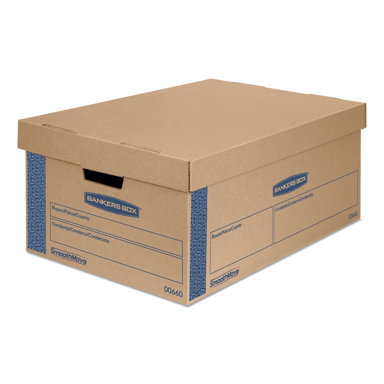 SmoothMove Prime Moving/Storage Boxes, Lift-Off Lid, Half Slotted Container, Large, 15" x 24" x 10", Brown/Blue, 8/Carton - 