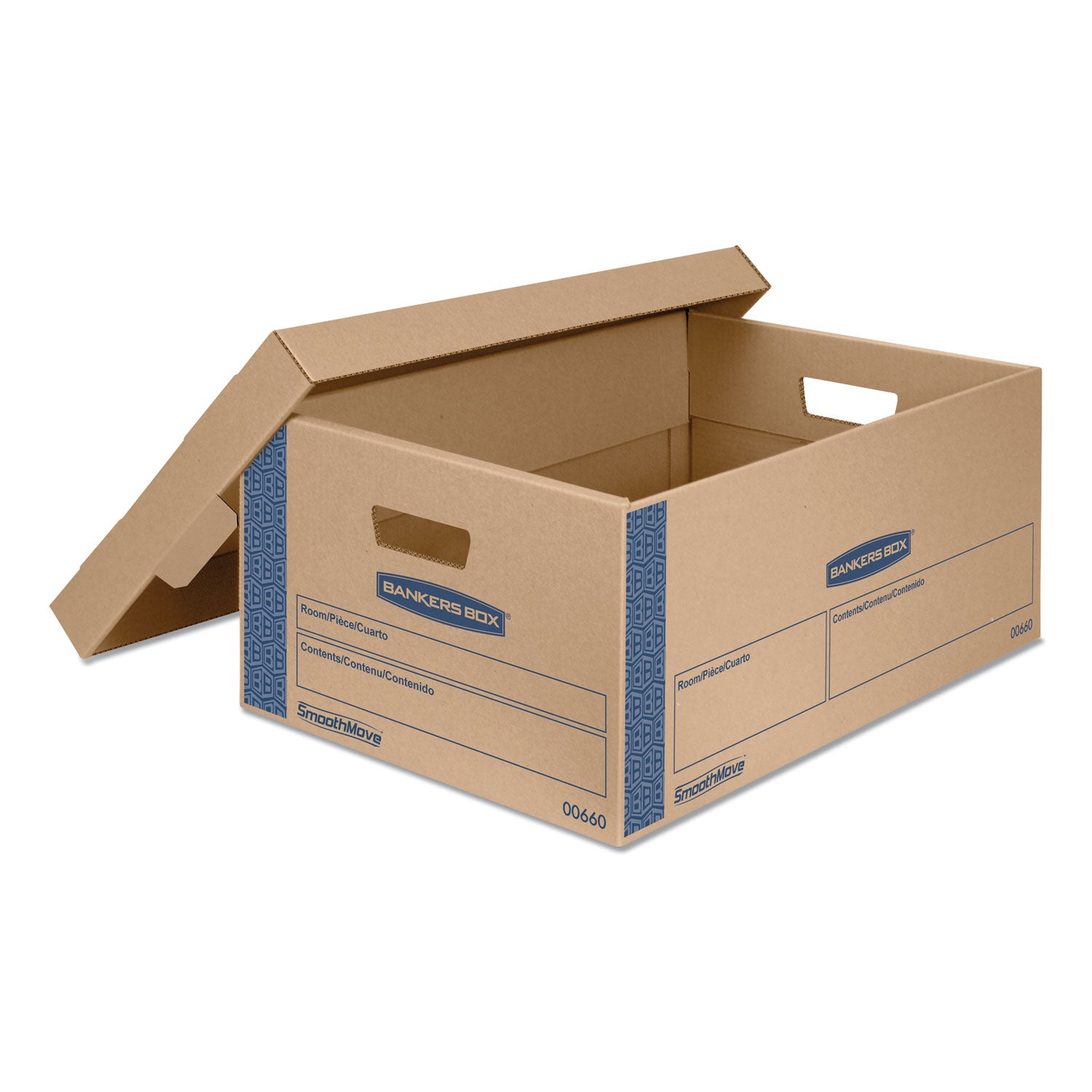 SmoothMove Prime Moving/Storage Boxes, Lift-Off Lid, Half Slotted Container, Large, 15" x 24" x 10", Brown/Blue, 8/Carton - 