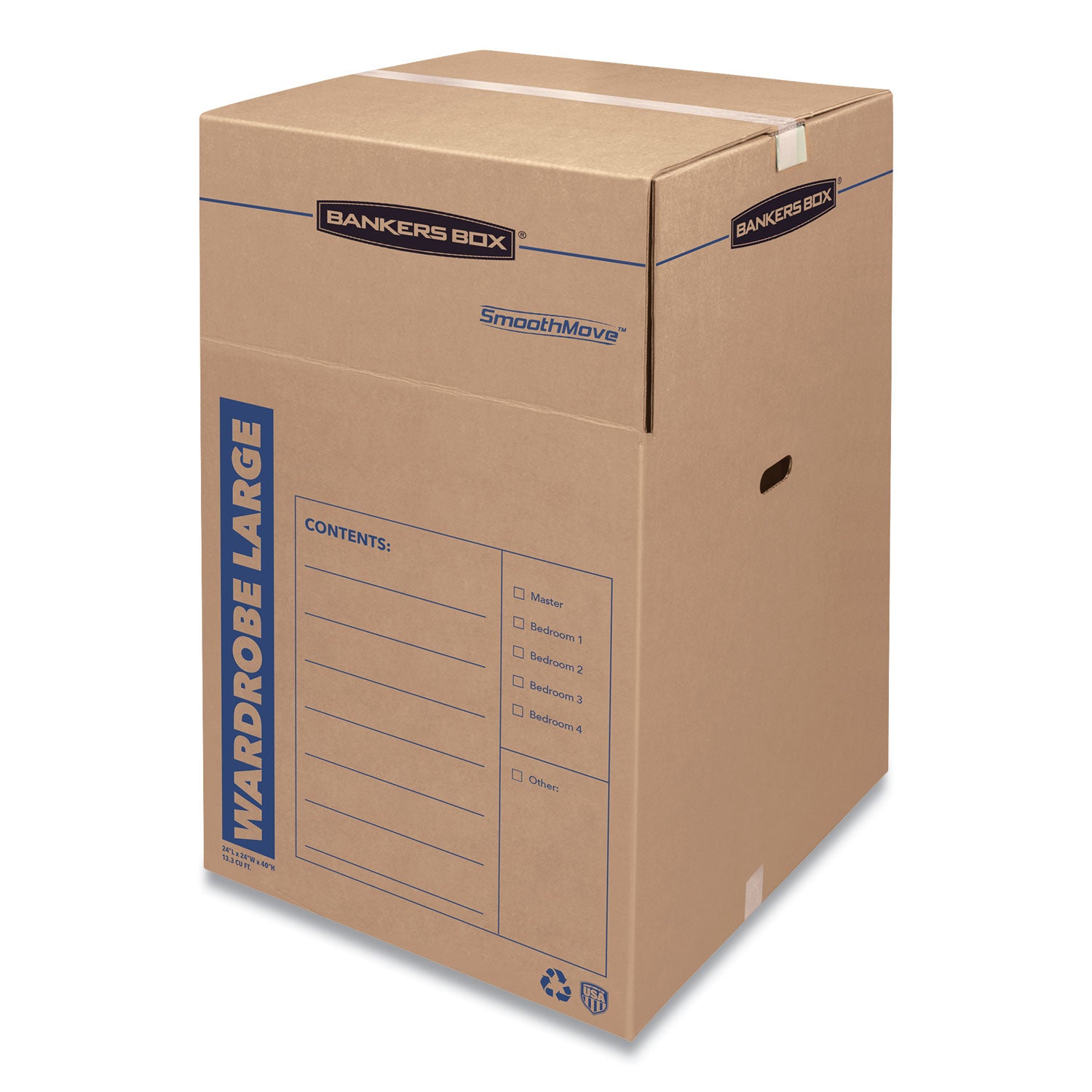 SmoothMove Wardrobe Box, Regular Slotted Container (RSC), 24" x 24" x 40", Brown/Blue, 3/Carton - 