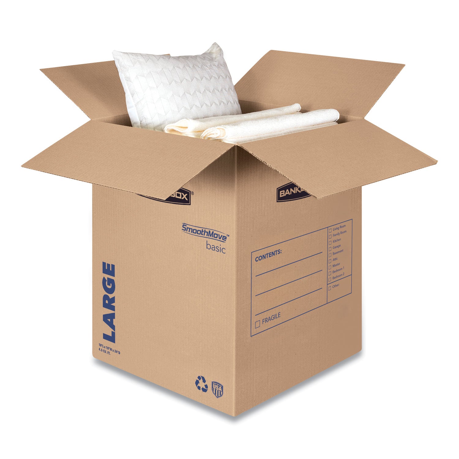 SmoothMove Basic Moving Boxes, Regular Slotted Container (RSC), Large, 18" x 18" x 24", Brown/Blue, 15/Carton - 