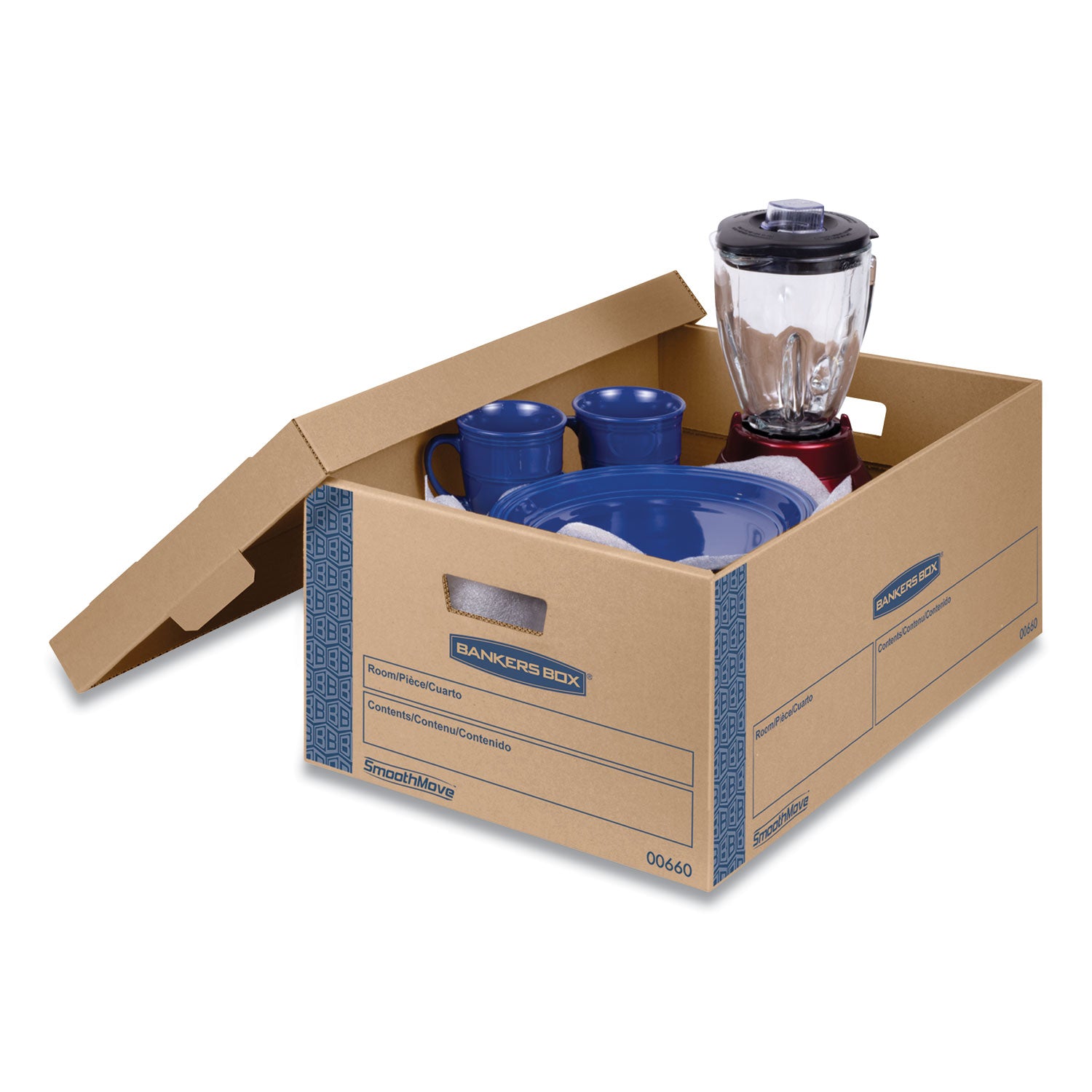 SmoothMove Prime Moving/Storage Boxes, Lift-Off Lid, Half Slotted Container, Large, 15" x 24" x 10", Brown/Blue, 8/Carton - 
