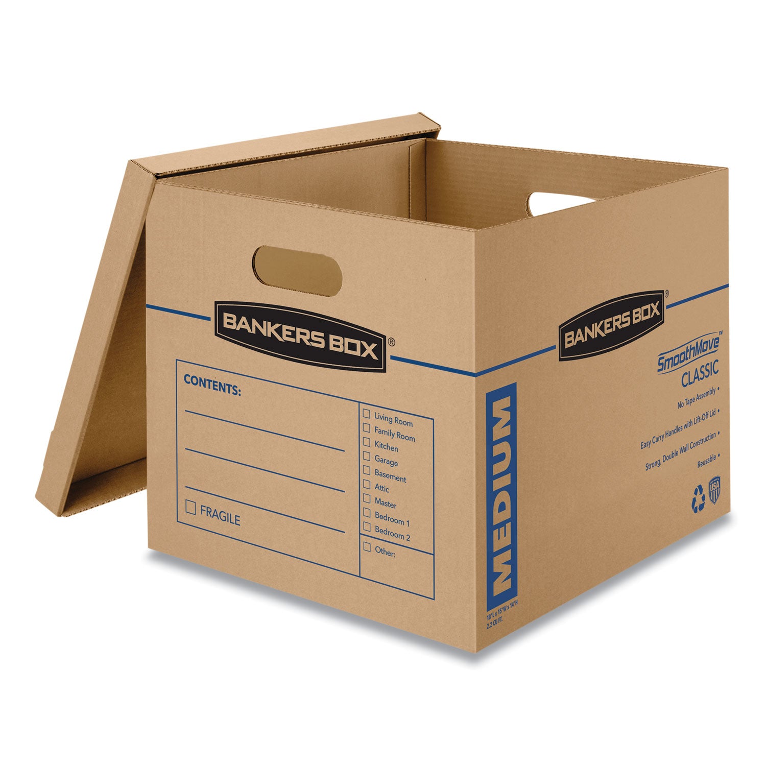 SmoothMove Classic Moving/Storage Boxes, Half Slotted Container (HSC), Medium, 15" x 18" x 14", Brown/Blue, 8/Carton - 