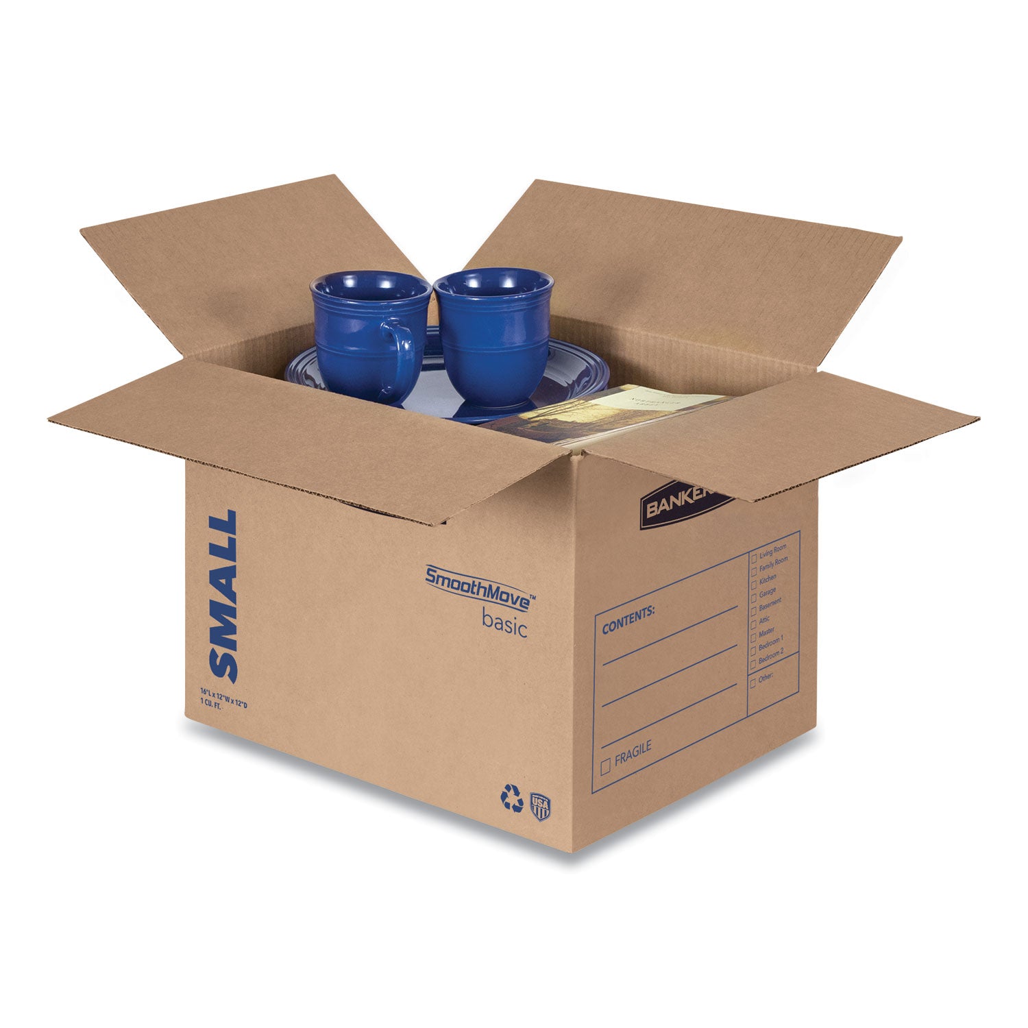 SmoothMove Basic Moving Boxes, Regular Slotted Container (RSC), Small, 12" x 16" x 12", Brown/Blue, 25/Bundle - 