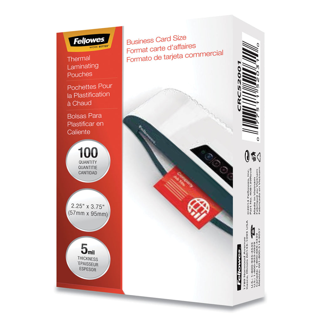 Laminating Pouches, 5 mil, 3.75" x 2.25", Gloss Clear, 100/Pack - 
