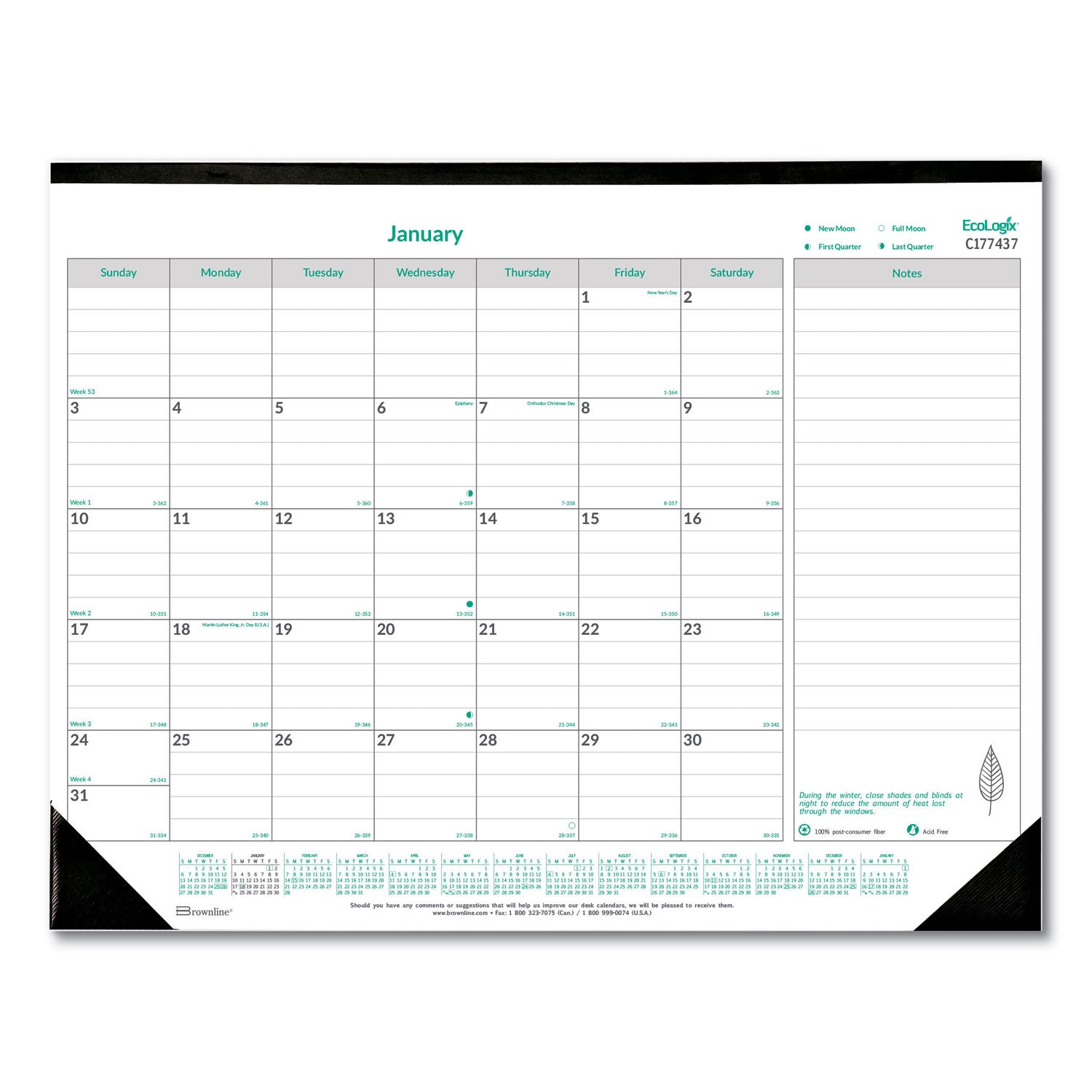 EcoLogix Monthly Desk Pad Calendar, 22 x 17, White/Green Sheets, Black Binding/Corners, 12-Month (Jan to Dec): 2024 - 