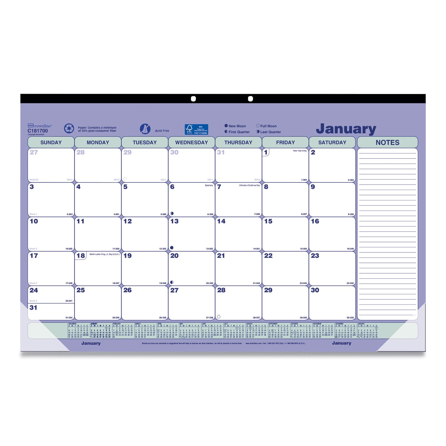 Monthly Desk Pad Calendar, 17.75 x 10.88, White/Blue/Green Sheets, Black Binding, Clear Corners, 12-Month (Jan to Dec): 2024
